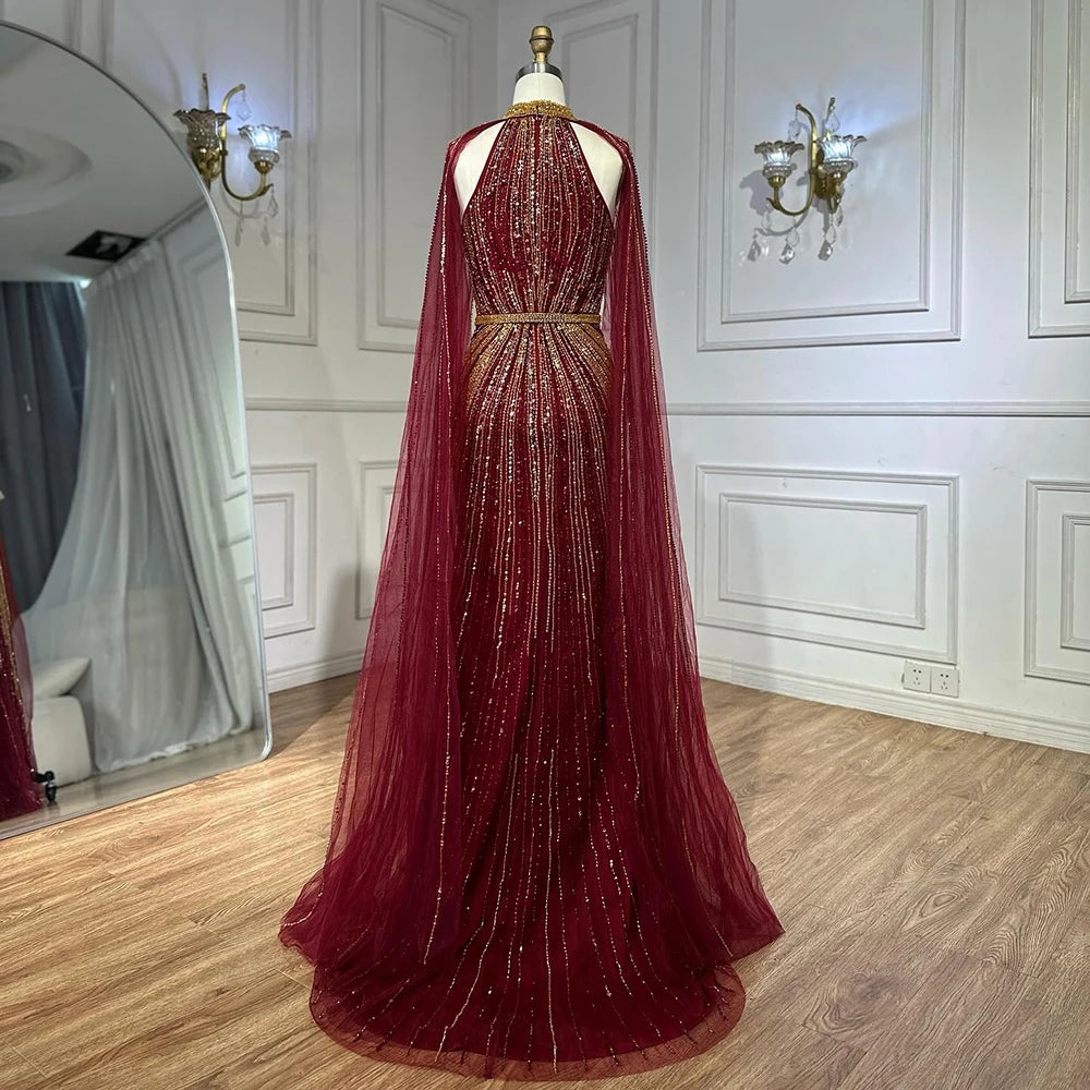 Luxury Dubai Wine Red Beaded Mermaid Evening Gown with Cape - Formal Saudi Arabian Dress for Weddings, Galas & Special Occasions | LA72707A