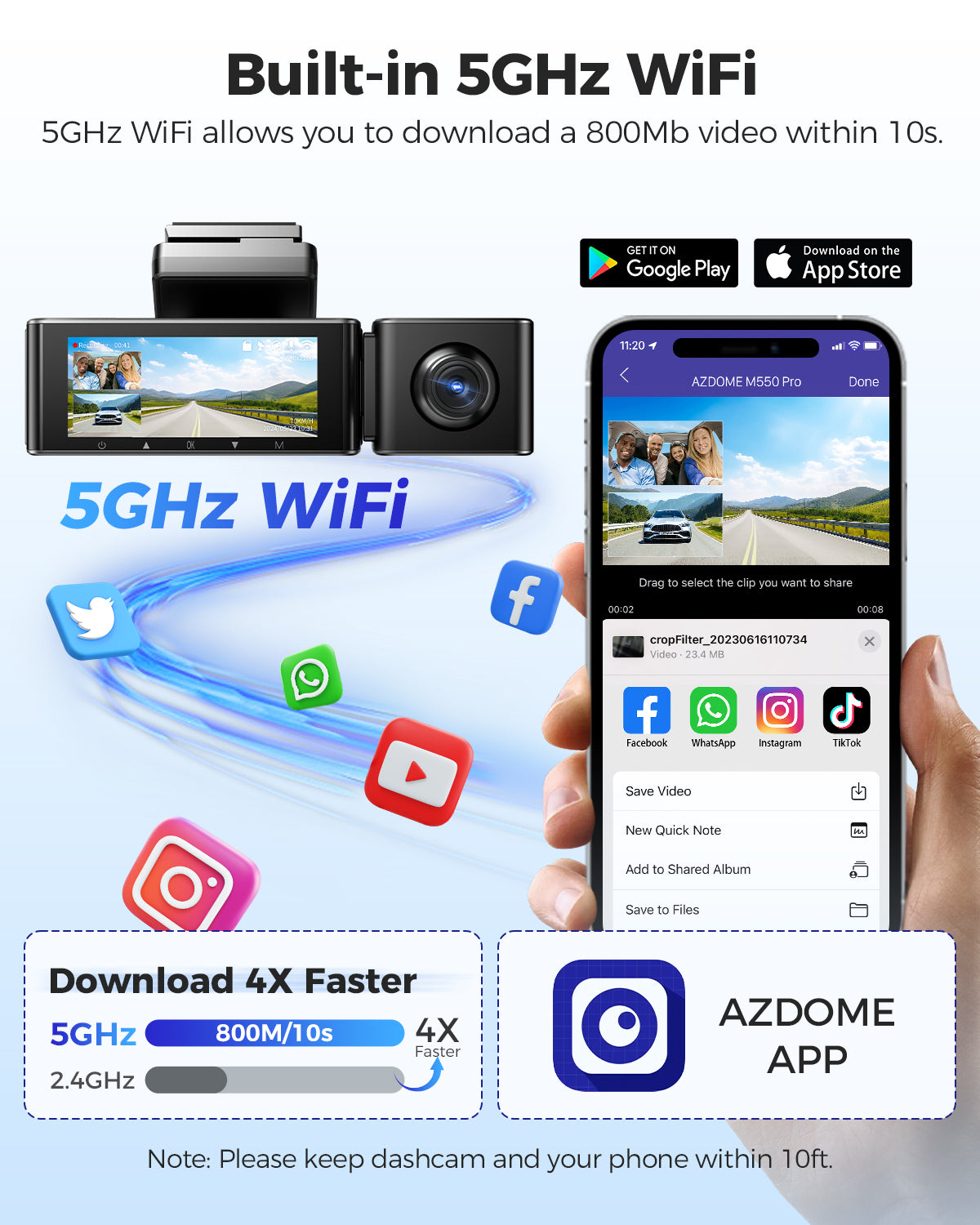 AZDOME M550 Pro 3 Channel Dash Cam 4K UHD with 5G WiFi, 3.19