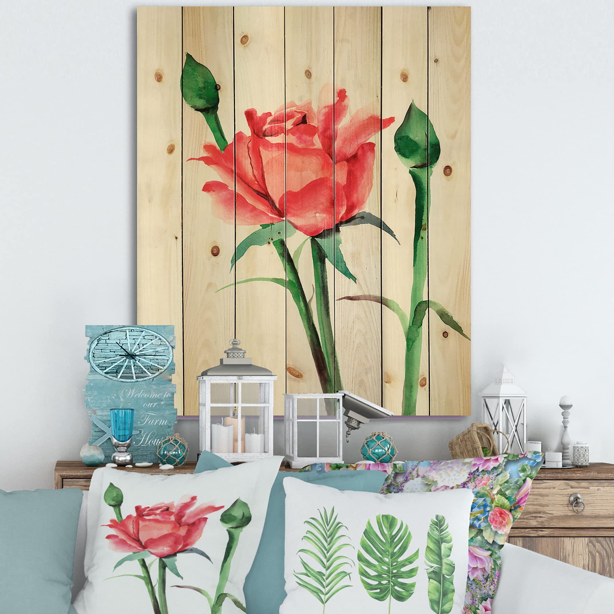 DesignQ Red Rose With Buds - Traditional Floral Print on Natural Pine Wood for Home Decor, Wall Art, and Gift Giving