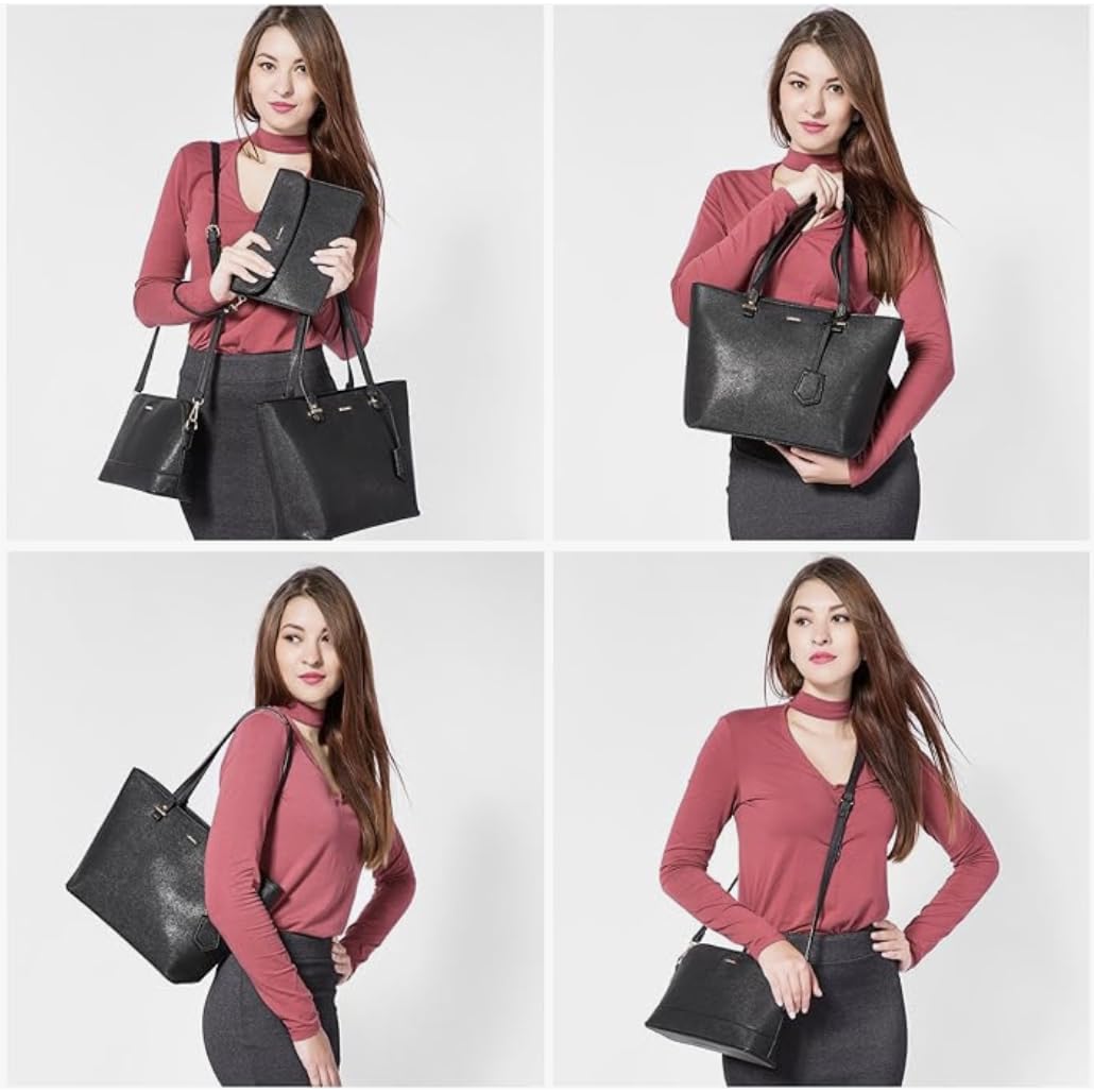 Premium Synthetic Leather Shoulder Bag, Crossbody Bag & Wristlet Wallet Set (3-Piece, Pure Black) - Stylish Zipper Bags for Women, Work, Travel & Everyday Use
