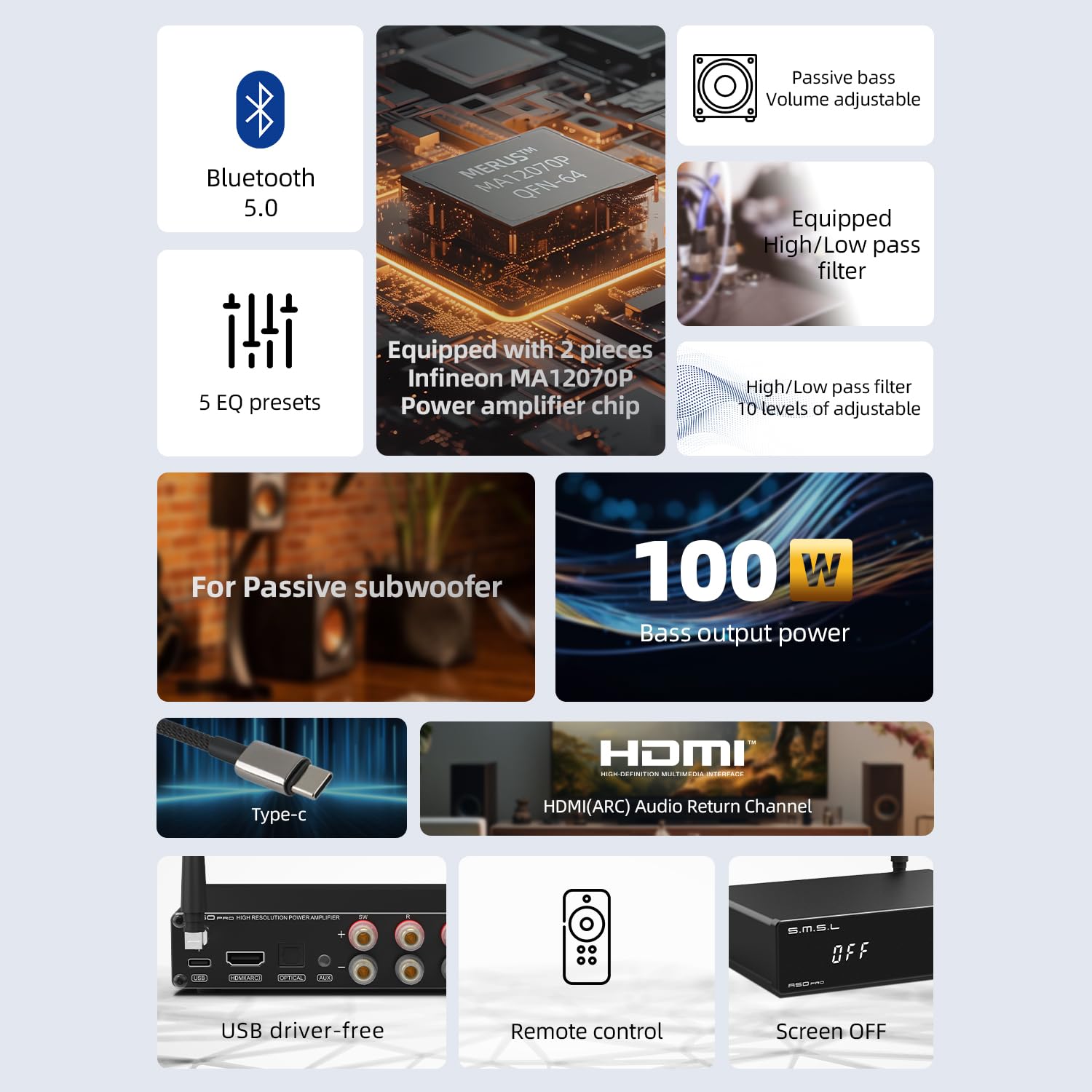 S.M.S.L A50Pro 2.1 Channel HiFi Bluetooth 5.0 Stereo Audio Amplifier with LPF/HPF, 100W Bass Output, HDMI (ARC) Support, MA12070P Chip - Perfect for Home Theater, Gaming & Music Systems