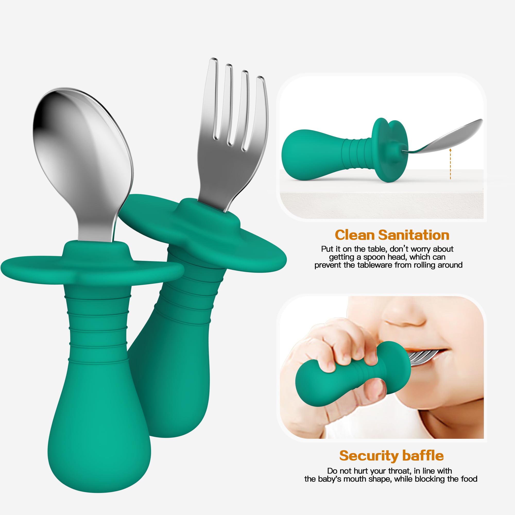 2-Piece Stainless Steel Toddler Utensil Set - BPA-Free Kids Forks & Spoons with Round Handle & Anti-Choke Design | Safe Flatware for Babies & Toddlers | Perfect for Daycare, Travel & Home Mealtime (Green)
