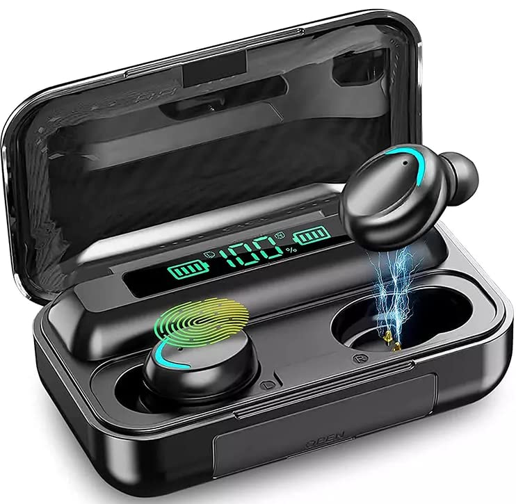 BAHASYA Wireless Bluetooth Earbuds with Digital Charging Case - Noise Cancelling in-Ear Headphones with Built-in Mic, IPX7 Waterproof & Deep Bass - Perfect for Running, Gym Workouts, Gaming & Travel (Black)