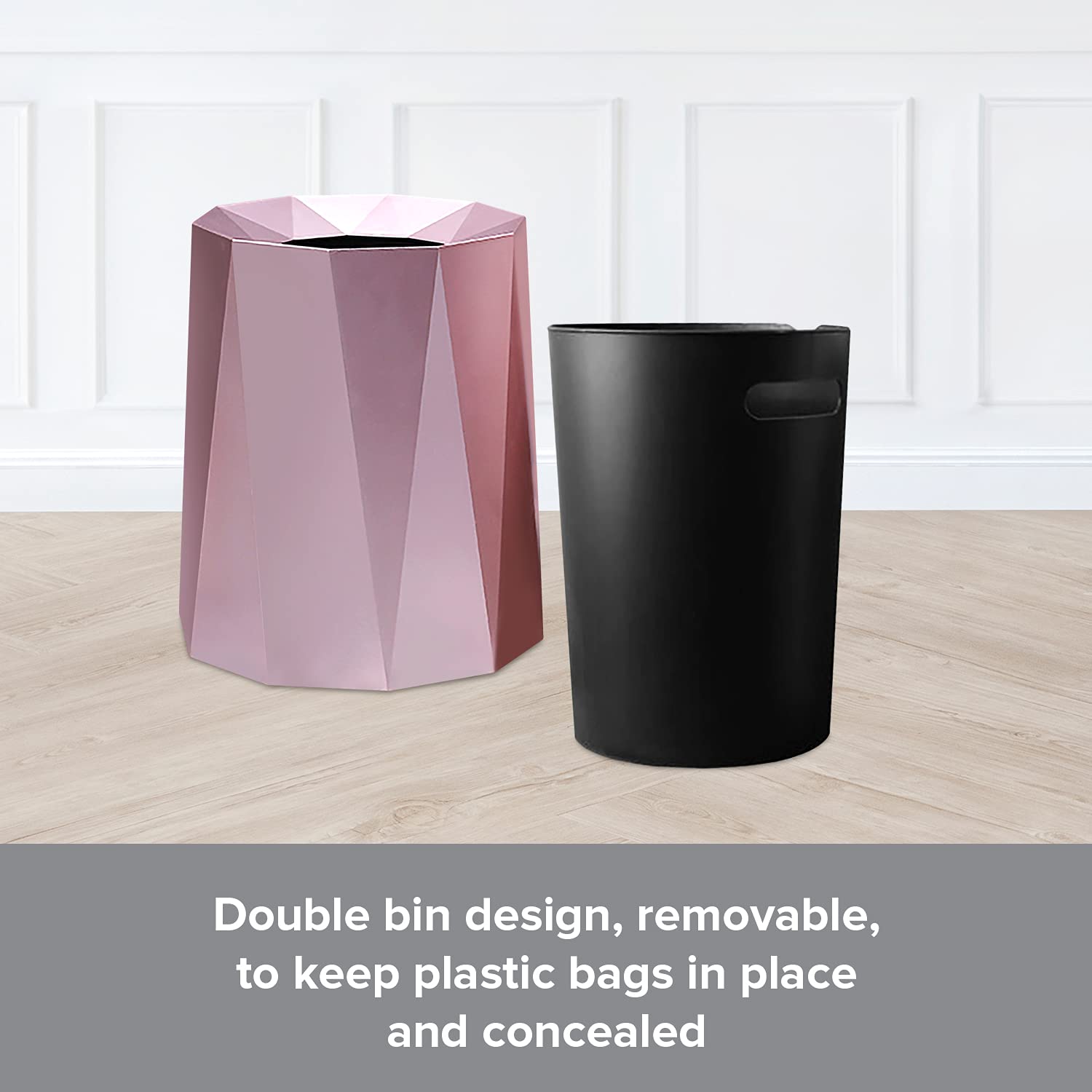 Premium Nordic Open Top Geometric Trash Can - Double Barrel Waste Bin with Removable Plastic Liner, 8L/2.1Gal Capacity - Elegant Rose Gold Garbage Can for Living Room, Bedroom & Bathroom | Perfect for Home, Office & Hotel Decor