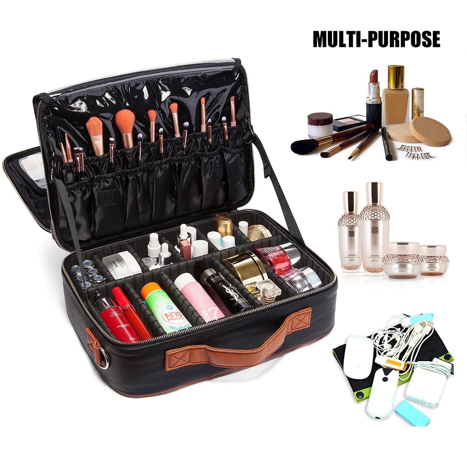 Premium Leather Travel Makeup Bag for Women - Large Cosmetic Organizer with Shoulder Strap for Brushes & Toiletry | Portable Artist Storage Case | Perfect for Travel, Salon Professionals & Daily Makeup Organization (Black)