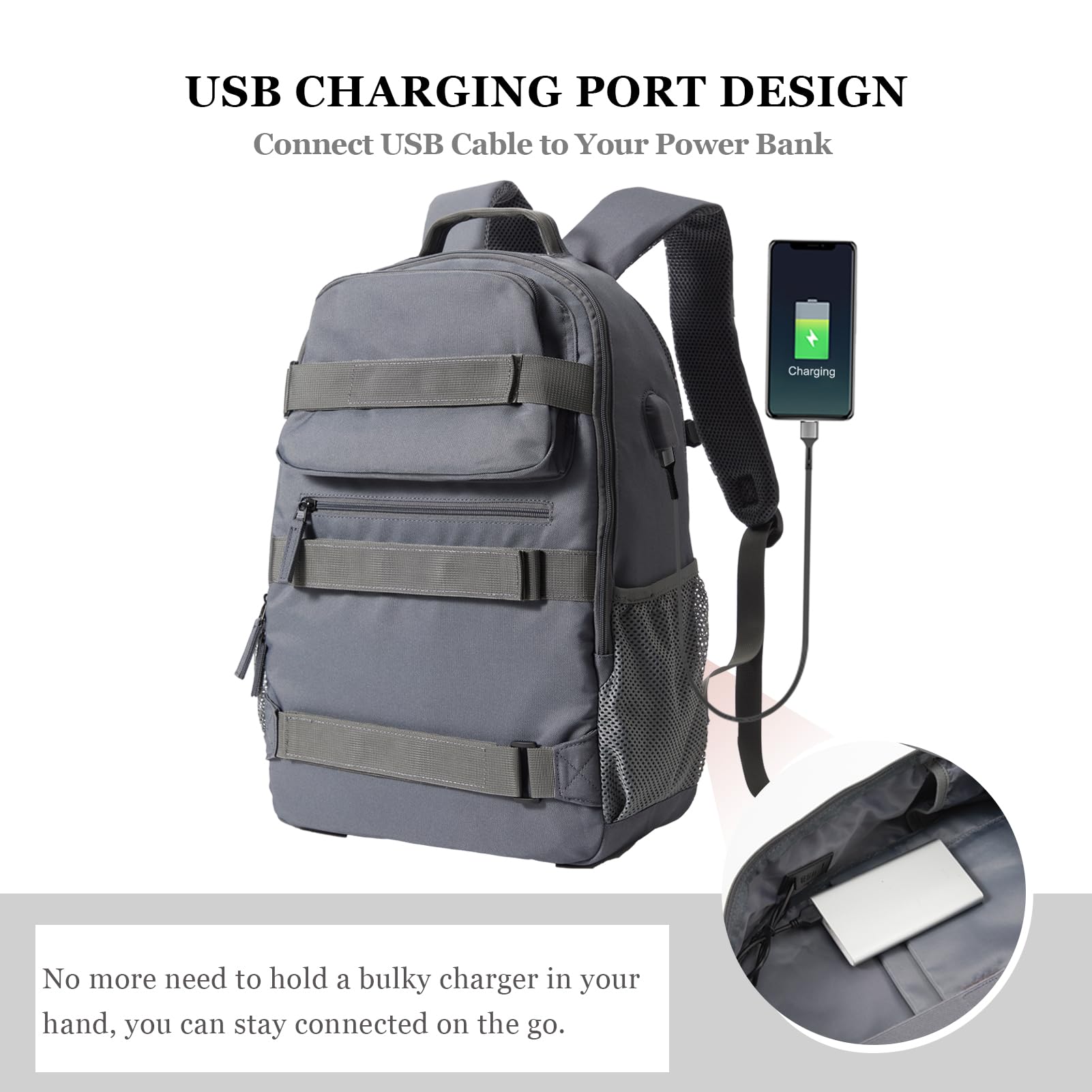 **Best Skateboard Backpack for Men & Women - Large Durable Laptop Bag with USB Charging Port - Perfect for Skateboarding, College, Travel & Daily Commute (Grey)**