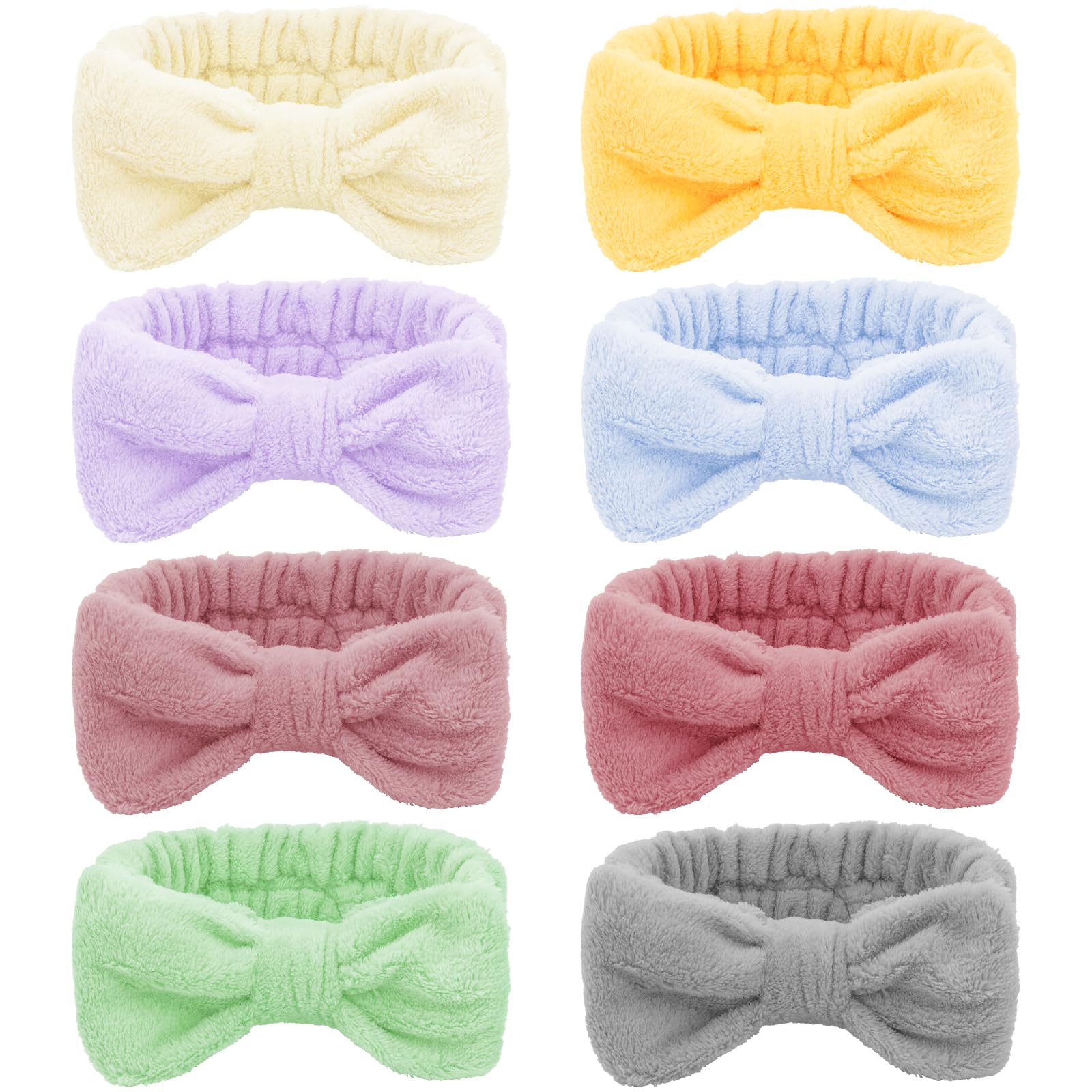 Ondder 8 Pack Soft Fluffy Bow Hairbands for Women - Washable Spa Headbands for Face Washing, Makeup, Skincare & Beauty Routine - Perfect for Salon, Home Spa & Daily Use - 8 Count Set