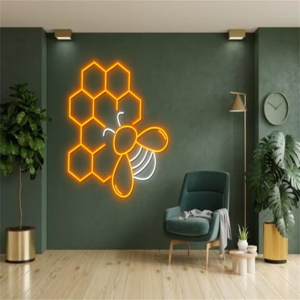 Honey Bee LED Neon Sign - Vibrant Honeycomb Wall Art for Bedroom, Bar & Cafe Decor - Perfect Beekeeper Gift & Unique Home Lighting (43x32.51cm) - Ideal for Birthday Presents, Wedding Decor & Apartment Aesthetics