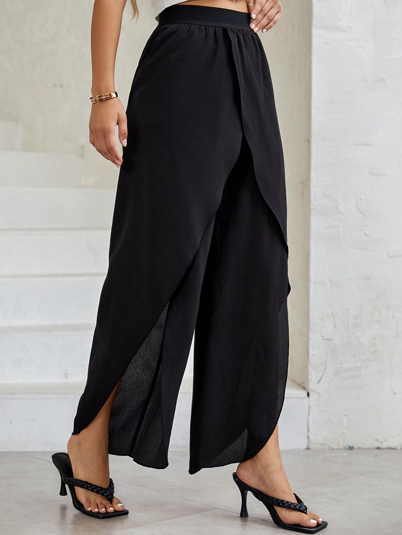 WDIRARA Women's High Waisted Stretchy Wide Leg Pants - Elastic Waistband, Asymmetrical Hem, Casual Lounge Pants for Work, Travel & Everyday Wear