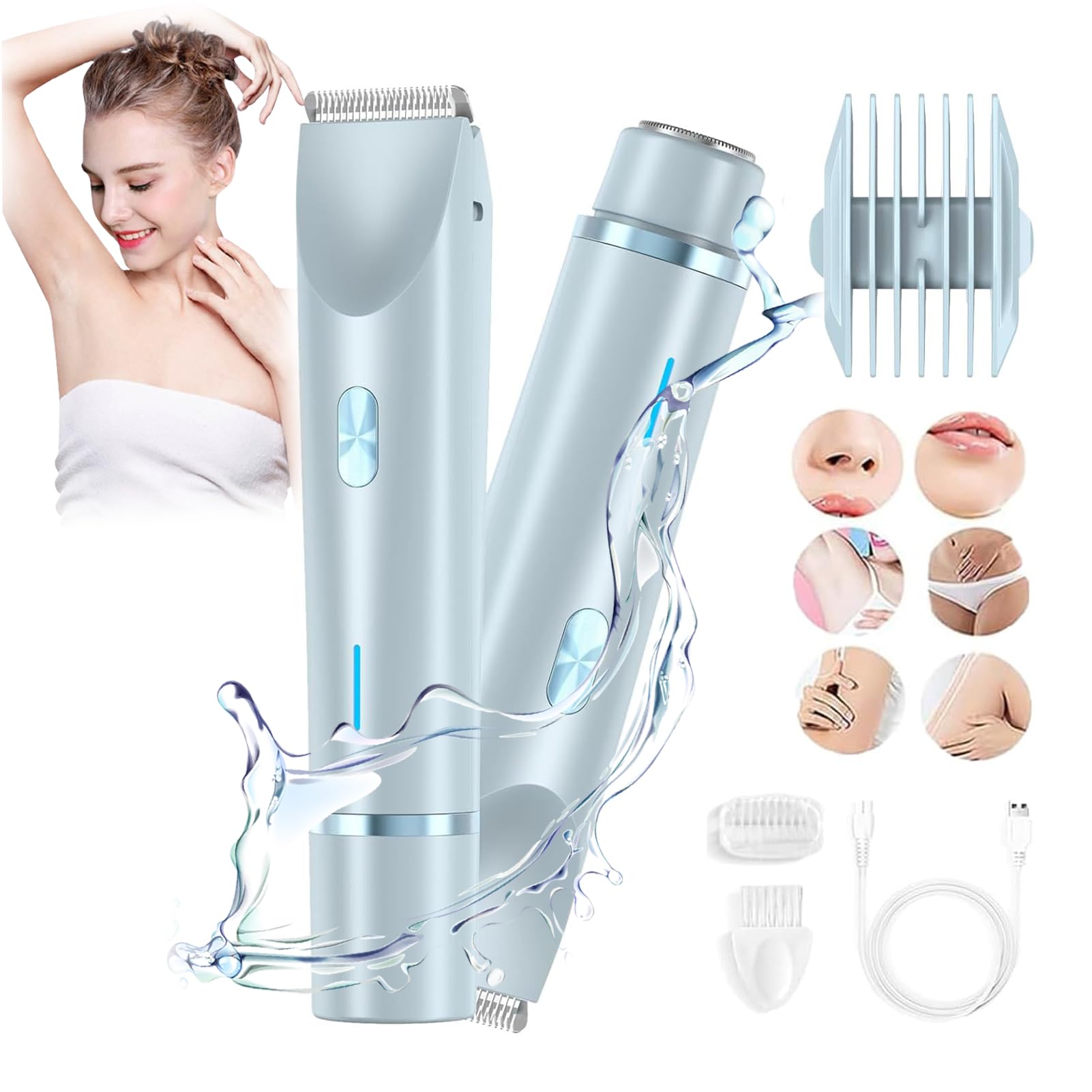 Whimsyard 2-in-1 Electric Shaver & Trimmer for Women - Painless Hair Removal, Cordless Rechargeable Lady Shaver, Waterproof Bikini & Body Hair Trimmer (Blue) | Perfect for Travel, Gym & Sensitive Skin Care