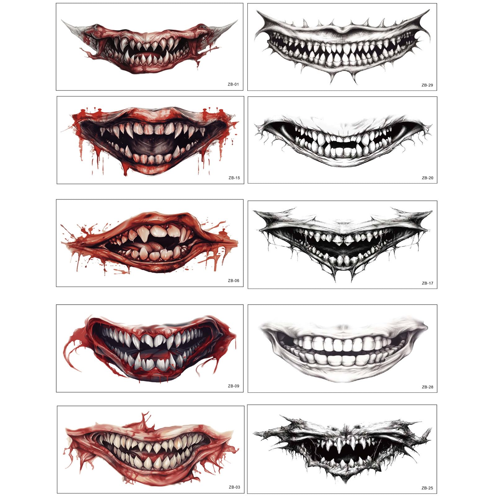 KEELYY 10 Pack Halloween Mouth & Skeleton Temporary Tattoos - Creepy Face Tattoos for Halloween Makeup, Parties, Carnival & Day of the Dead - Perfect for Costumes, Scary Dress Up & Spooky Events