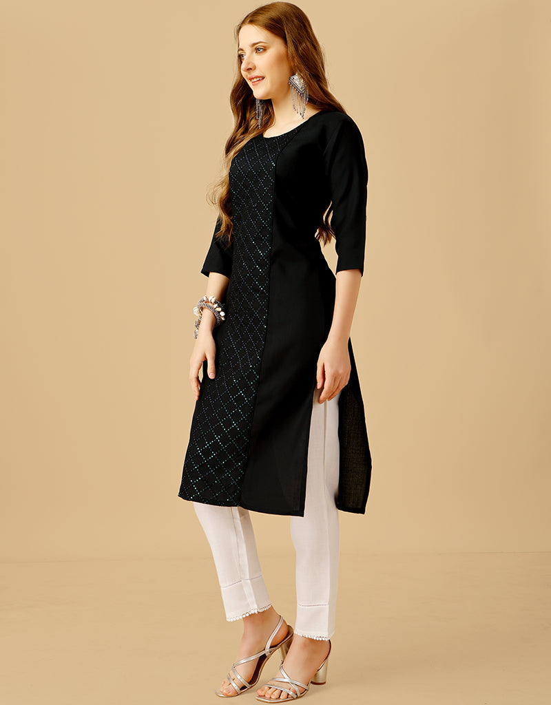 Black Cotton Magic Slub Straight Leg Pants for Women - Comfortable Casual Trousers for Everyday Wear, Office & Outings