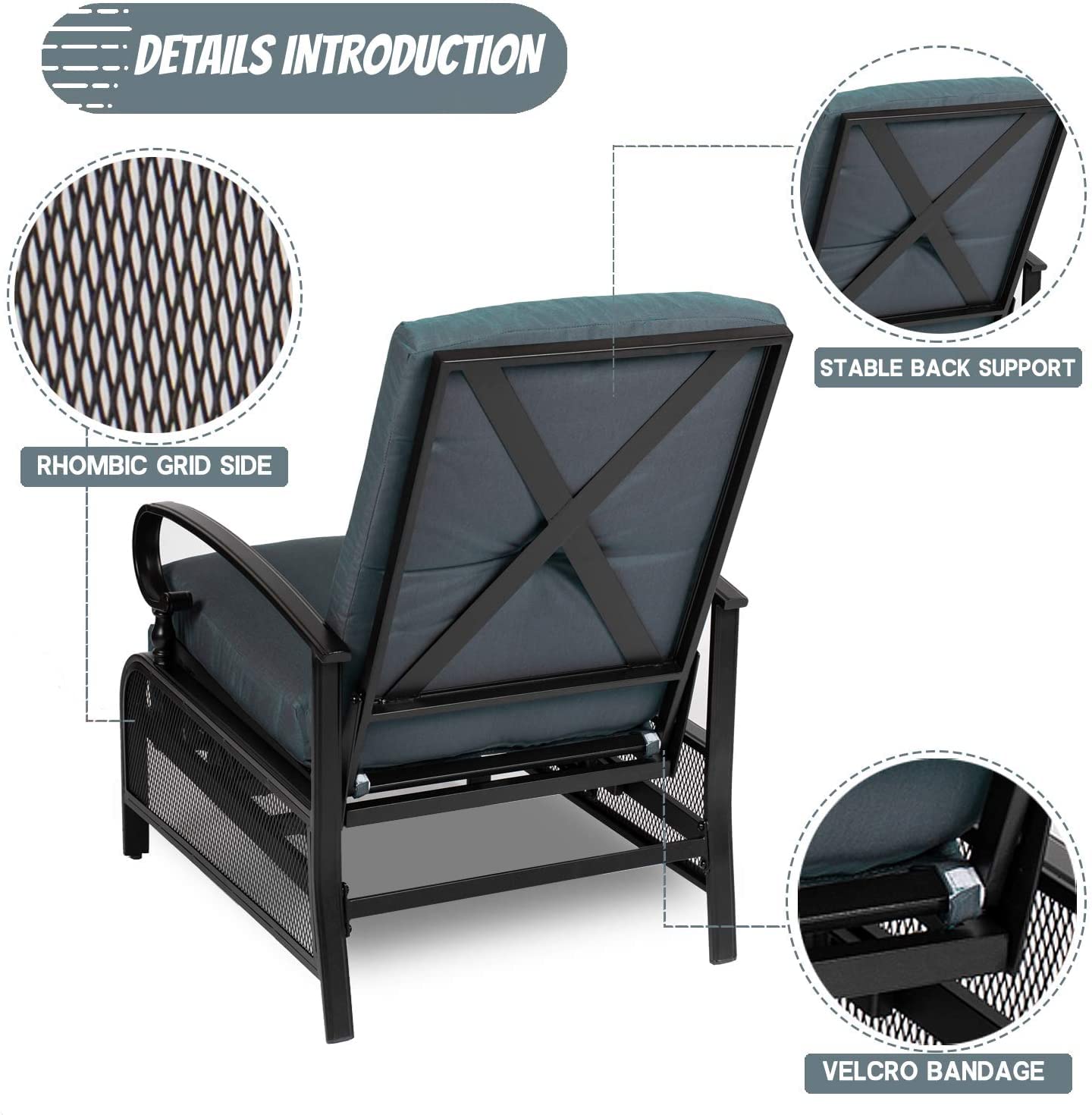 Crownland 2-Piece Outdoor Lounge Chair Set with Adjustable Reclining Patio Chairs & Umbrella Bistro Table - Durable Metal Furniture for Backyard, Poolside, Garden Relaxation