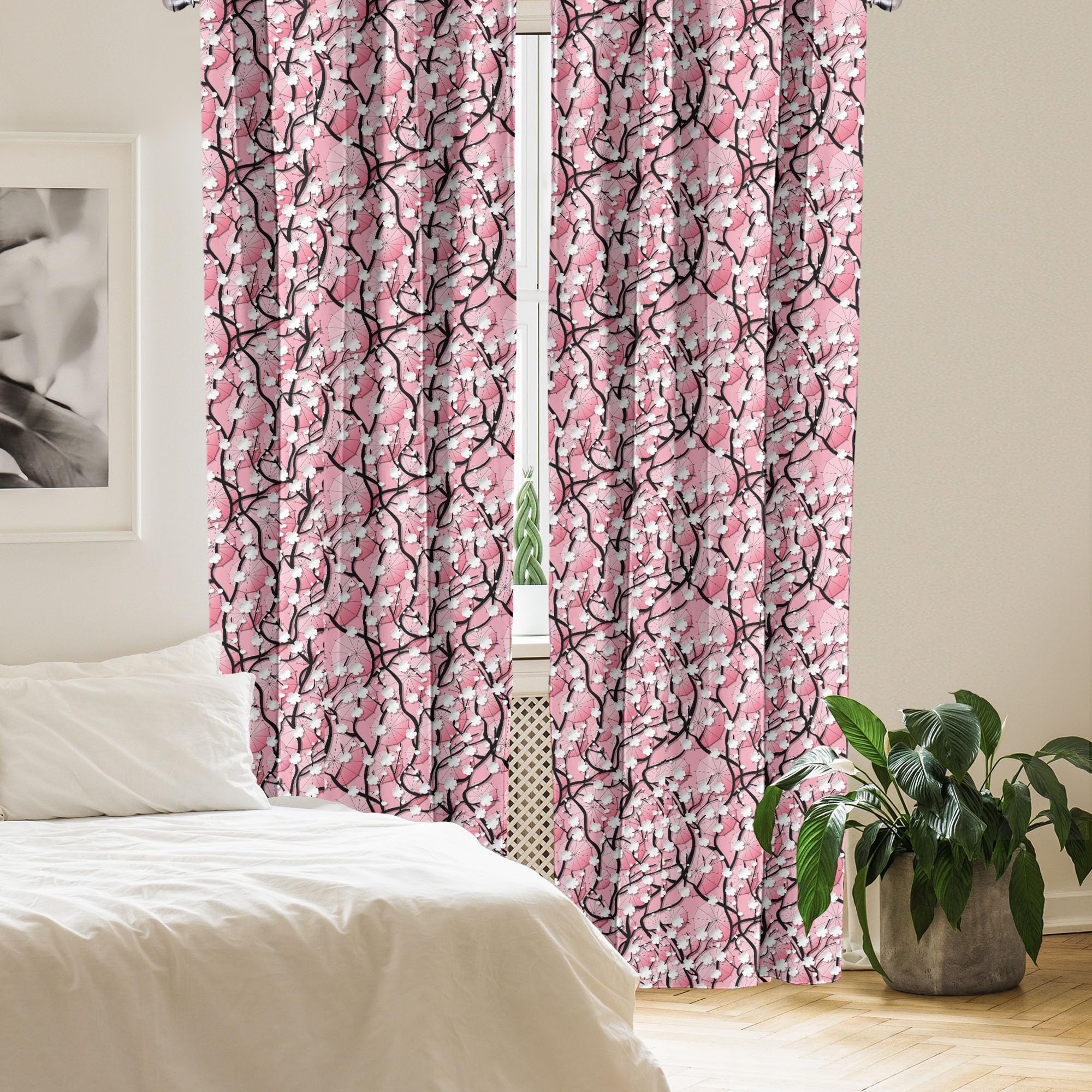 Ambesonne Japanese Cherry Blossom Window Curtains - Sakura Tree Flowers with Umbrellas & Curved Branches Romantic Art Print, Lightweight Black Pink Home Decor (2 Panels, 28x84 Inches, Rod Pocket) - Perfect for Living Room, Bedroom & Asian-Themed Interior Design