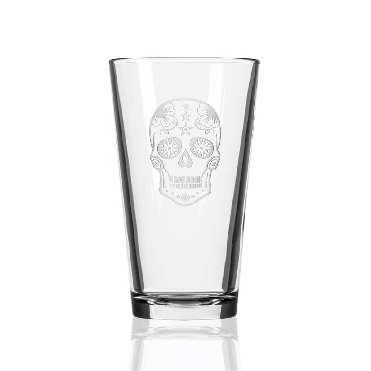 Sugar Skull 16oz Beer Pint Glass Set of 4 - Day of The Dead Themed Barware for Halloween, Cinco de Mayo & Mexican Fiesta Party Decor