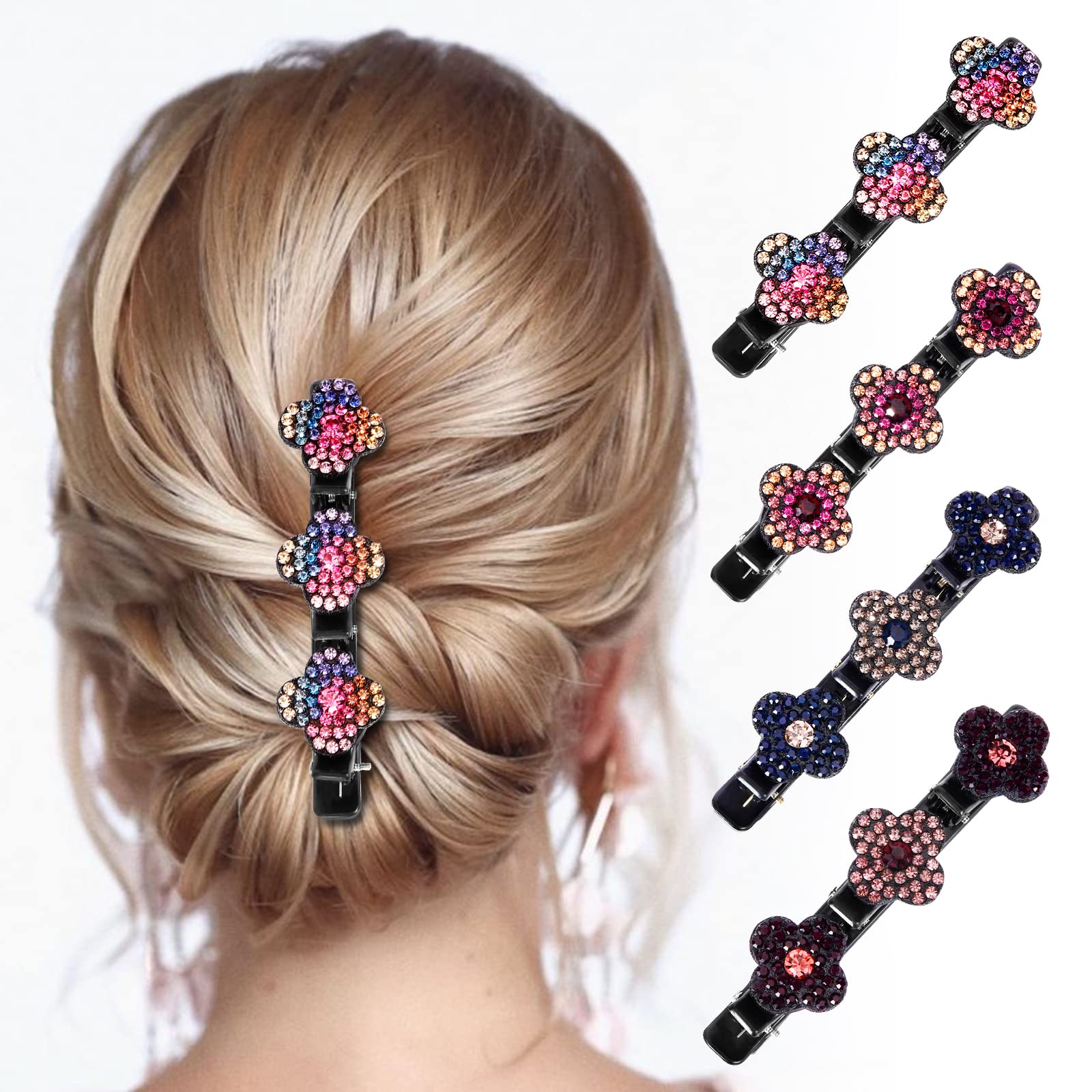 Sparkling Crystal Stone Braided Hair Clips for Women - Elegant Triple Hair Clips Set with 3 Small Clips for Girls (Pack of 4) - Perfect for Weddings, Parties, and Everyday Styling