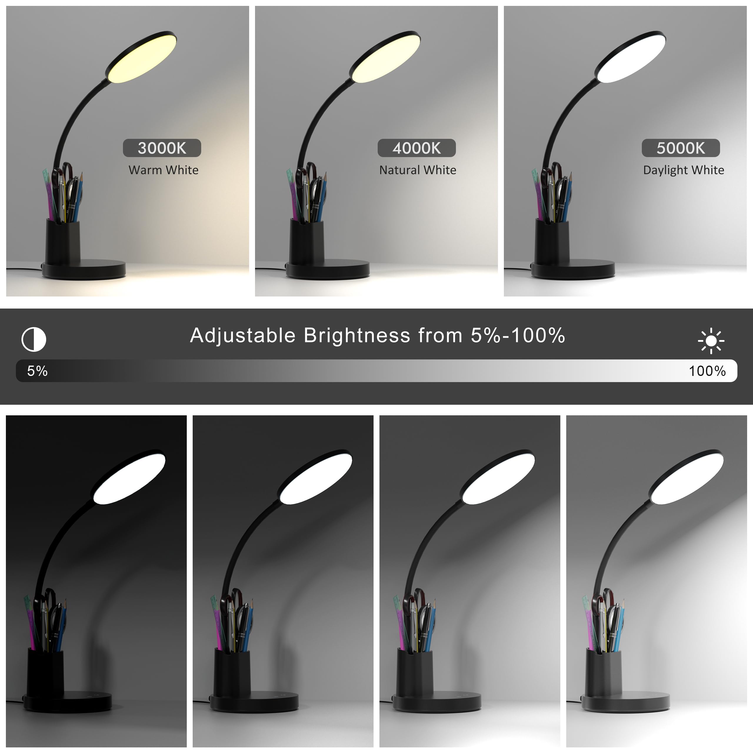 LED Desk Lamp with 3 Color Modes & 360° Adjustable Arm - Dimmable Touch Table Light with Phone/Pen Holder for Home Office Study Reading - Black Workspace Lighting