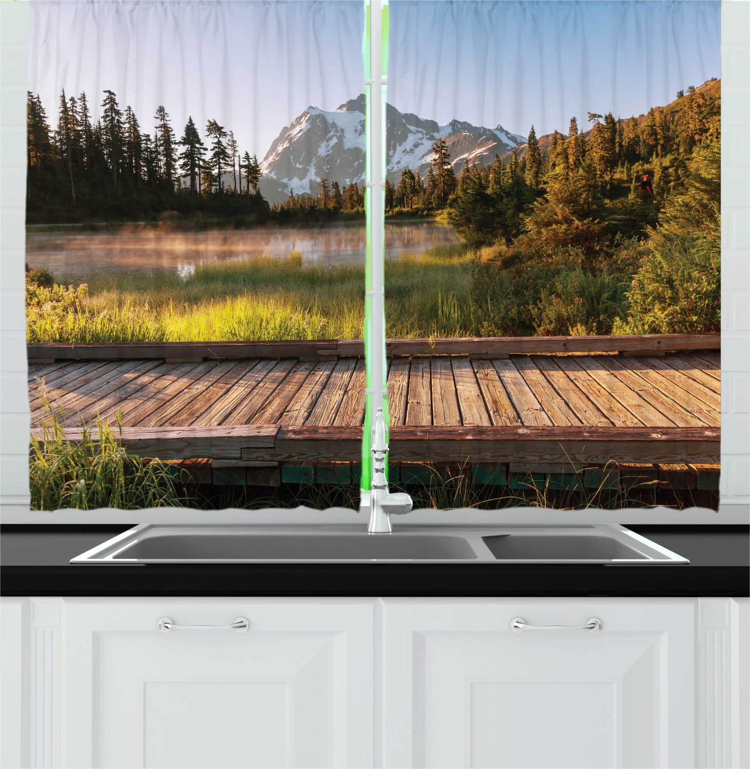 Ambesonne Landscape Long Kitchen Curtains - Scenic Alpine Lake View with Rod Pocket, 55x45 Inches, Pale Redwood & Olive Green - Perfect for Living Room, Bedroom, or Cabin Decor - Brings Nature's Tranquility to Your Home