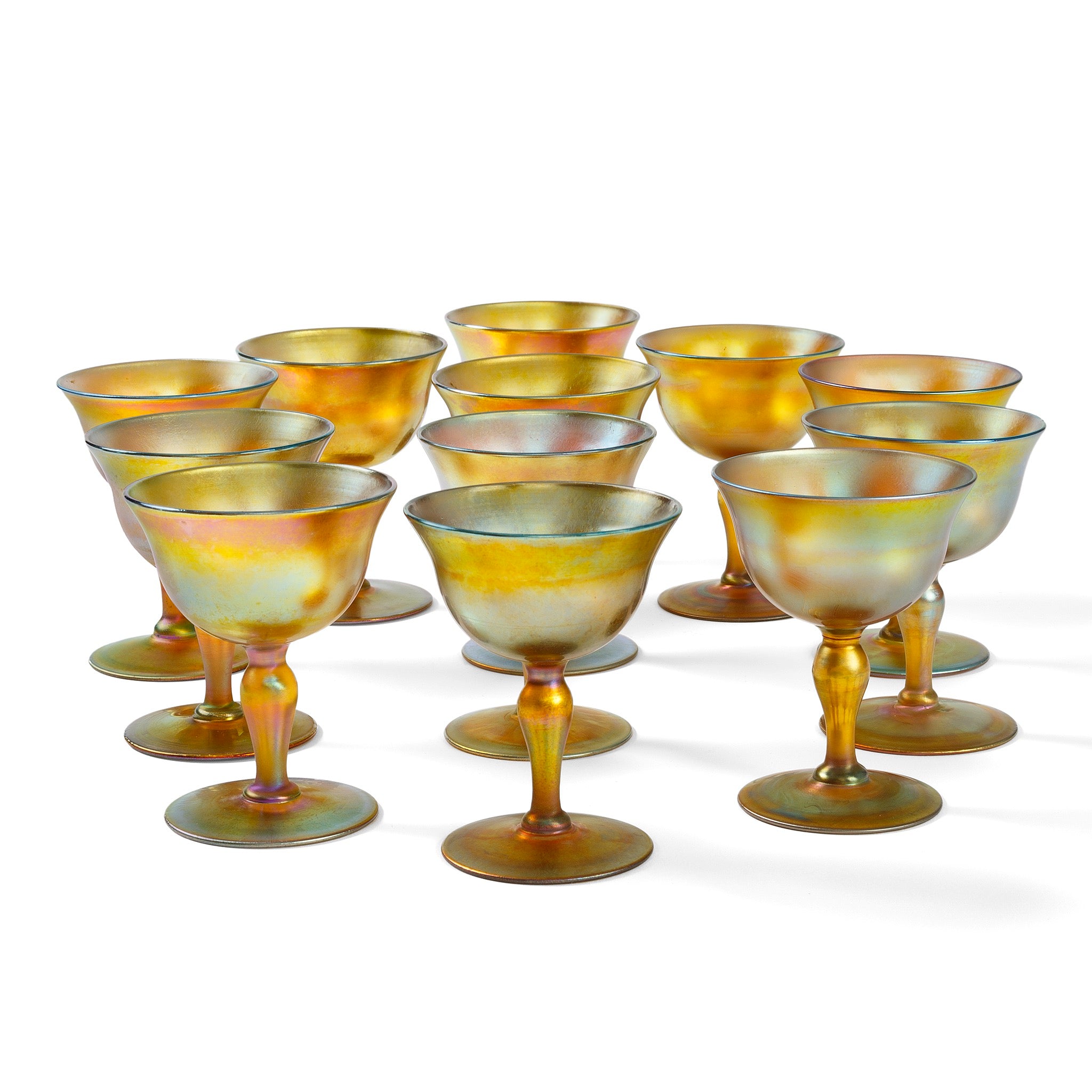 Tiffany Studios New York Set of 12 Favrile Glass Cordials - Vintage Art Deco Style for Home Bar, Dining Table & Collectors Display