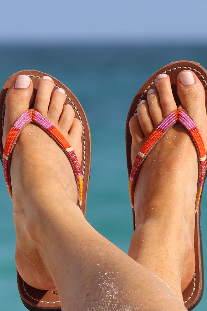 Naisha Soft Padded Sole Leather Sandals for Women - Comfortable Pink & Orange Summer Sandals | Perfect for Beach, Vacation and Casual Wear