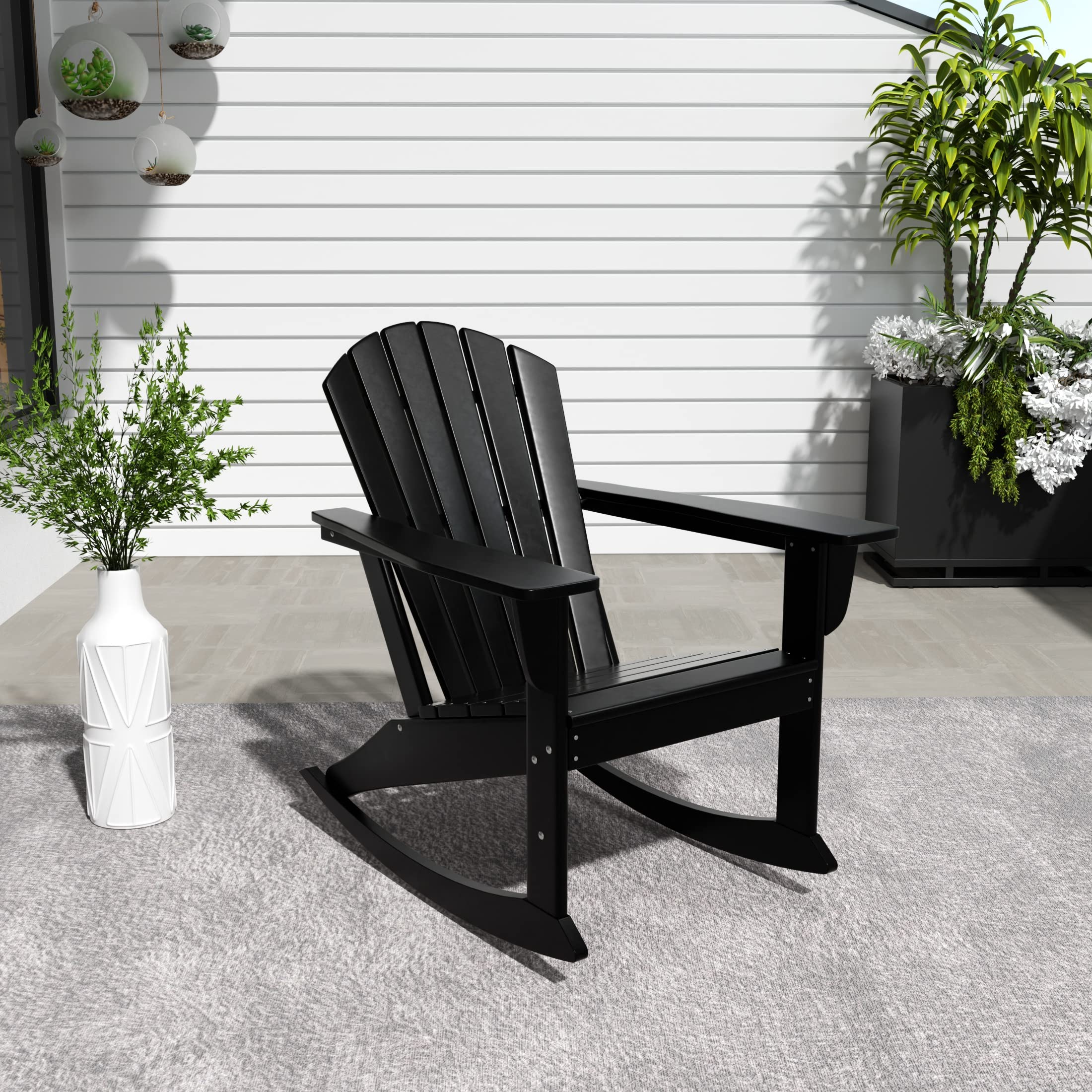 WestinTrends Dylan Outdoor Rocking Chair - All-Weather Poly Lumber Seashell Adirondack Rocker - 350 lb Weight Capacity - Black Patio Rocking Chair for Porch, Garden, Backyard & Indoor Use - Perfect for Relaxing, Reading & Enjoying Outdoor Spaces