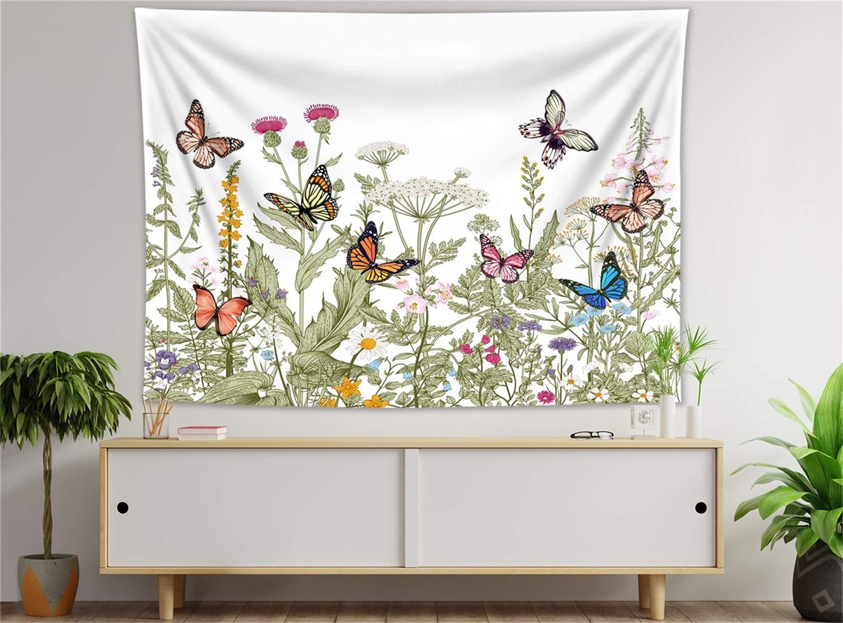Leaf Butterfly Tapestry Wall Hanging - Sage Green Floral Decor for Bedroom & Living Room (92.5x72.9 In) - Perfect for Boho & Spring Home Decor