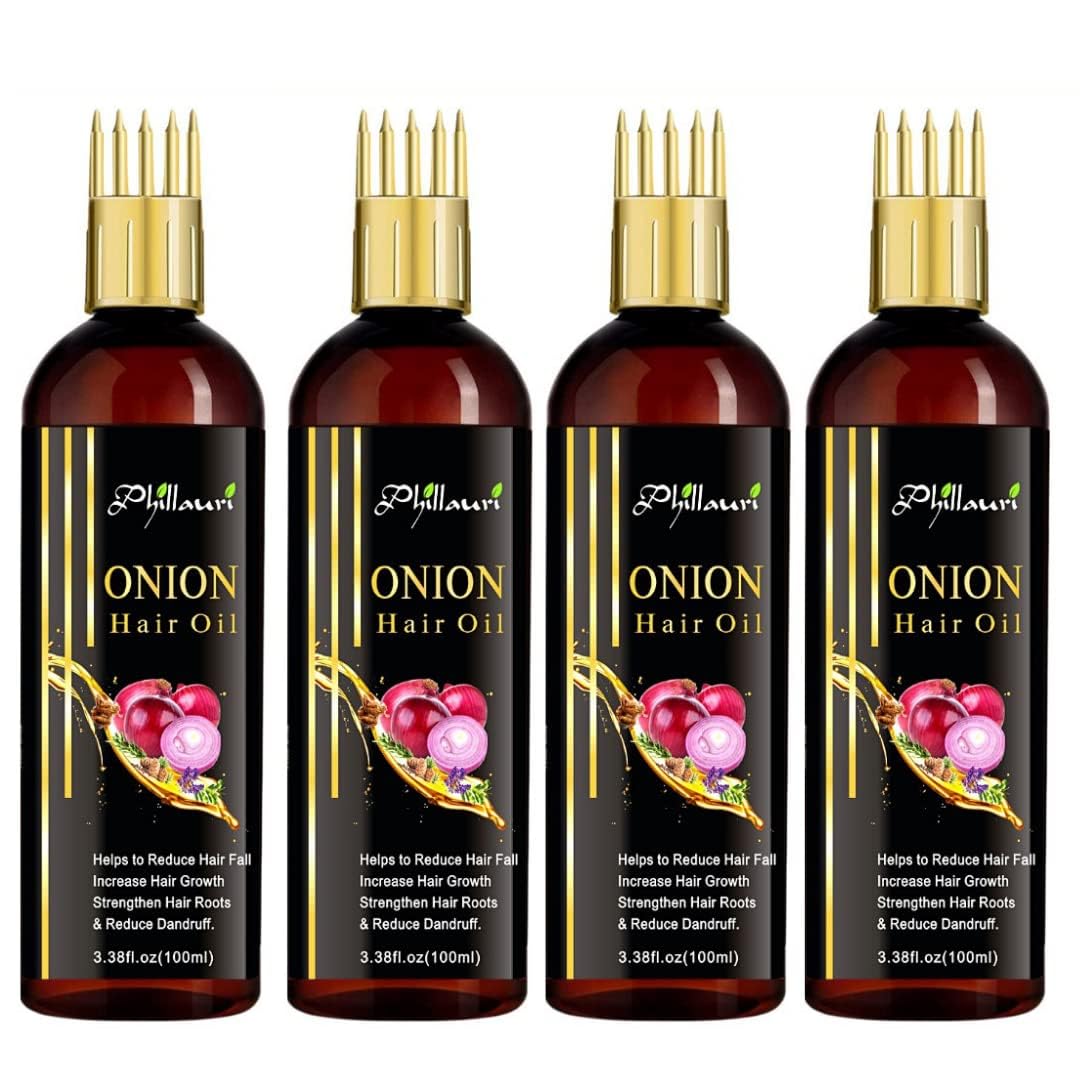 Phillauri Onion Hair Growth Oil & Anti-Hair Fall Treatment (Pack of 4, 400ml) - Promotes Thicker, Stronger Hair for Men & Women - Ideal for Daily Scalp Massage & Damaged Hair Repair