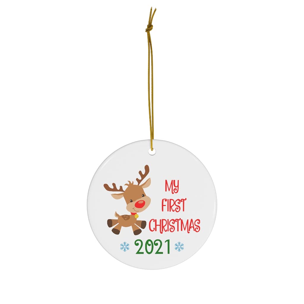 My First Christmas Ornament 2021 - Reindeer with Mask, Baby 1st XMAS Keepsake - Ceramic Holiday Decoration for New Parents, Cute Gift for Mom & Dad - Perfect for Baby Shower, Nursery Decor, and Christmas Tree Decoration