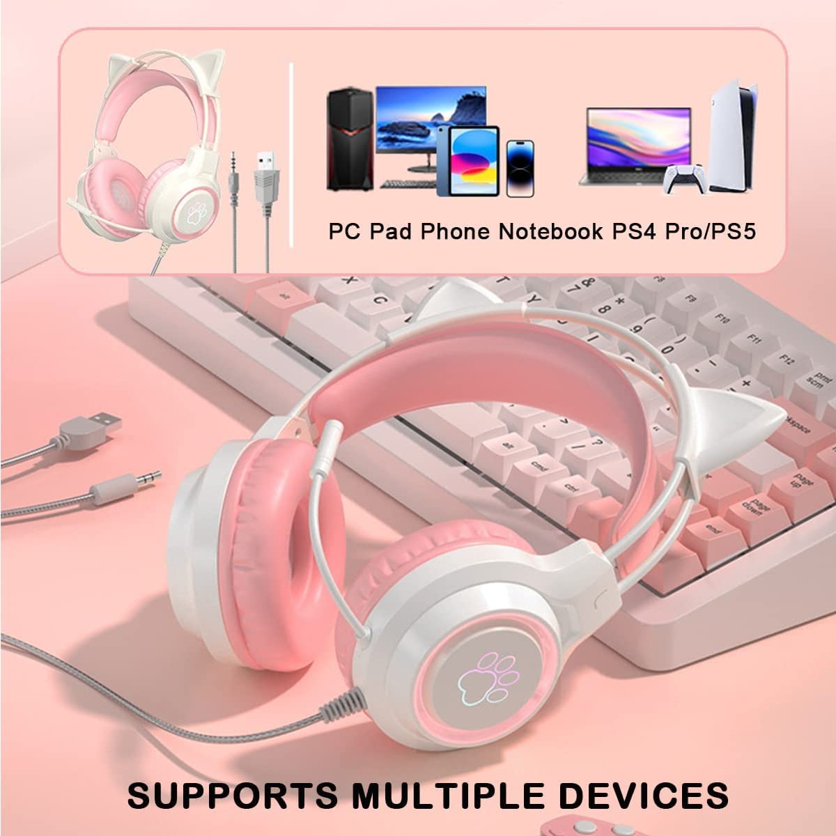 Wireless Gaming Headset with Detachable Cat Ears - 3.5mm Wired RGB Headphones with Adjustable Mic, Memory Foam Ear Cushions & Noise Cancelling for Xbox, PS5, Switch, PC, Mac, Mobile - Perfect for Streaming, Esports & Late-Night Gaming (Pink)