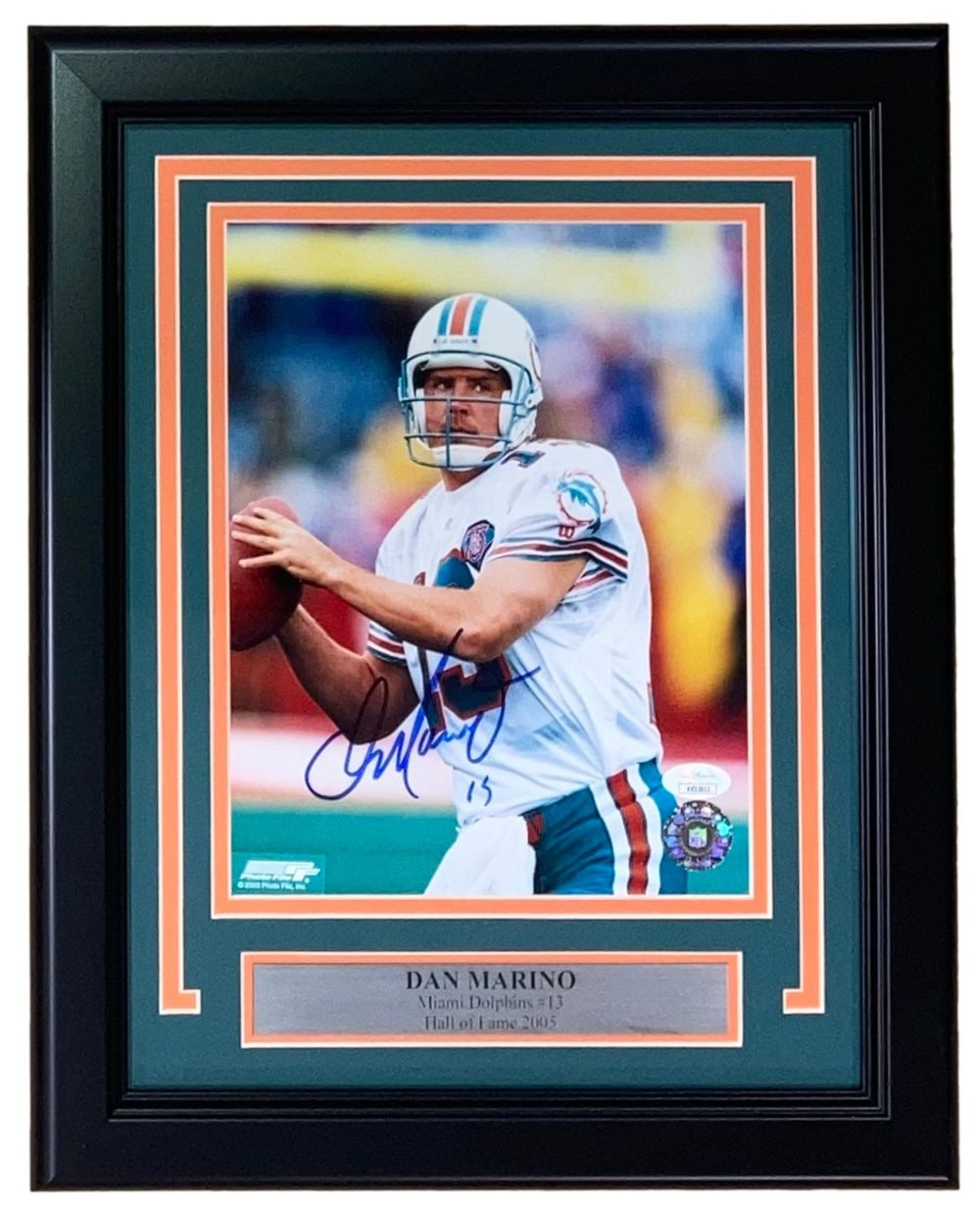 Authentic Dan Marino Signed 8x10 Miami Dolphins Framed Photo with JSA Certificate - Perfect for Sports Memorabilia Collectors, Man Cave Decor, and NFL Fan Gifts