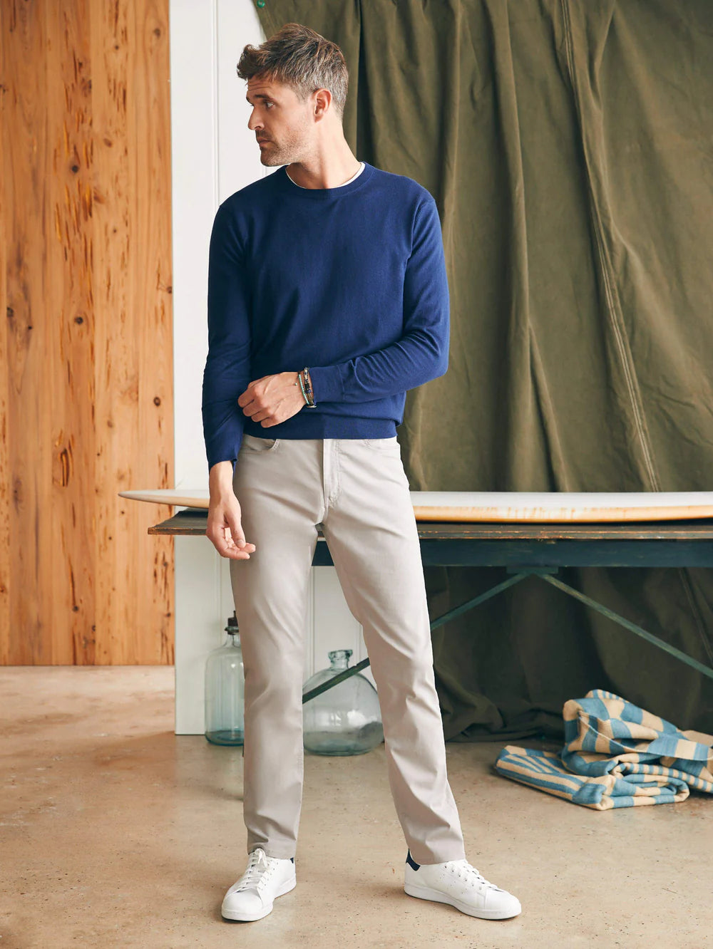 Faherty Movement Crewneck Sweater for Men | Soft Cotton Blend Pullover | Marine Navy Blue Casual Knit Sweater | Perfect for Fall Layering & Cozy Winter Outfits