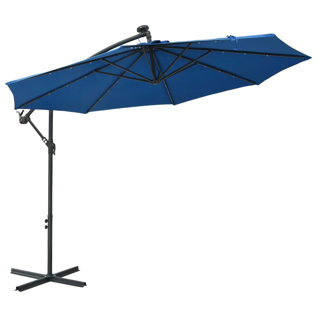 SKM 10ft Cantilever Umbrella with LED Lights - Heavy Duty Steel Pole Outdoor Patio Umbrella - 360° Rotating Sun Shade for Garden, Poolside & Backyard (Azure Blue)