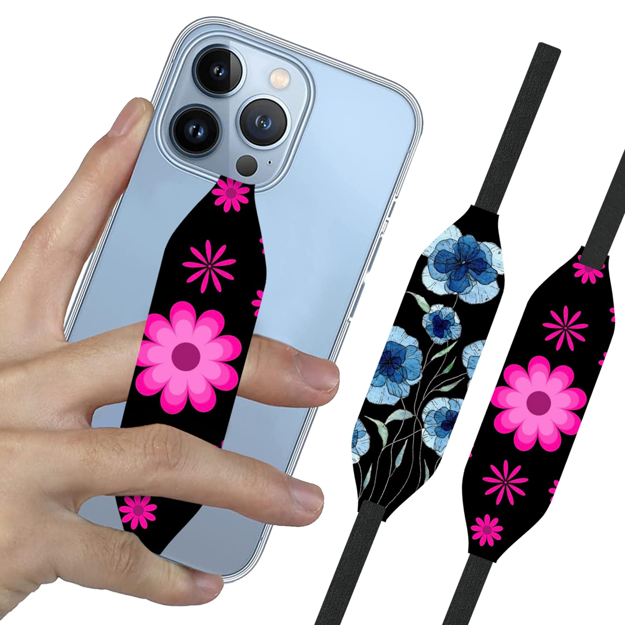 Universal Phone Grip Strap (2-Pack) - Reversible Phone Hand Strap for Secure Grip, Compatible with Most Phone Cases - Comfortable Phone Loop Holder for Easy Handling - Pink & Blue Flowers Design | Perfect for Running, Hiking, and Everyday Use