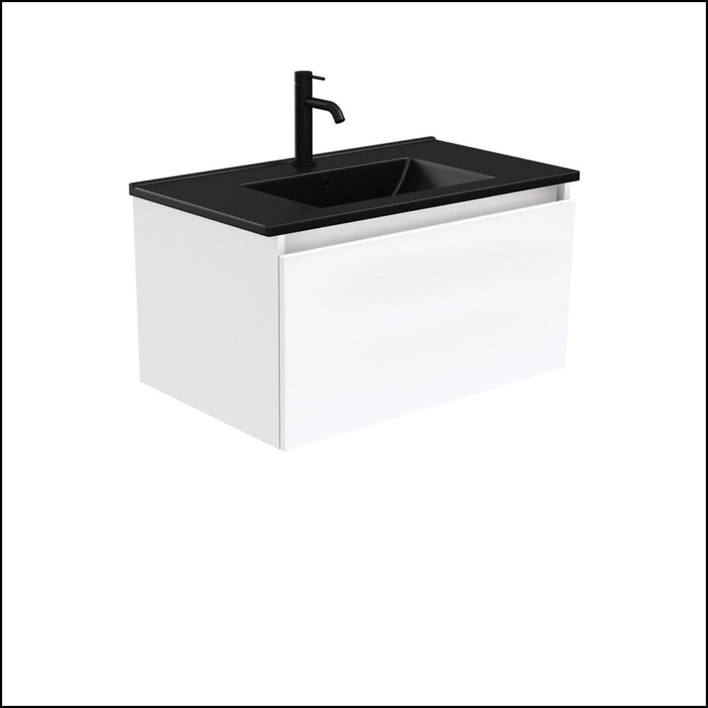 Fienza 750mm TCLB75H Dolce Matte Black Wall Mounted Bathroom Vanity with White Ceramic Sink - Modern Space-Saving Design for Small Bathrooms & Powder Rooms