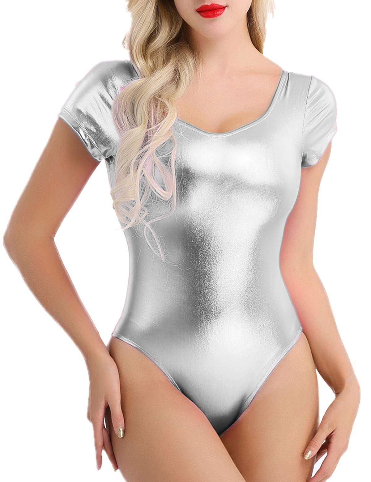 Shiny Metallic Short Sleeve Dance Leotard for Women - Gymnastics Bodysuit & Performance Dancewear - Perfect for Ballet, Jazz, and Contemporary Dance Practice