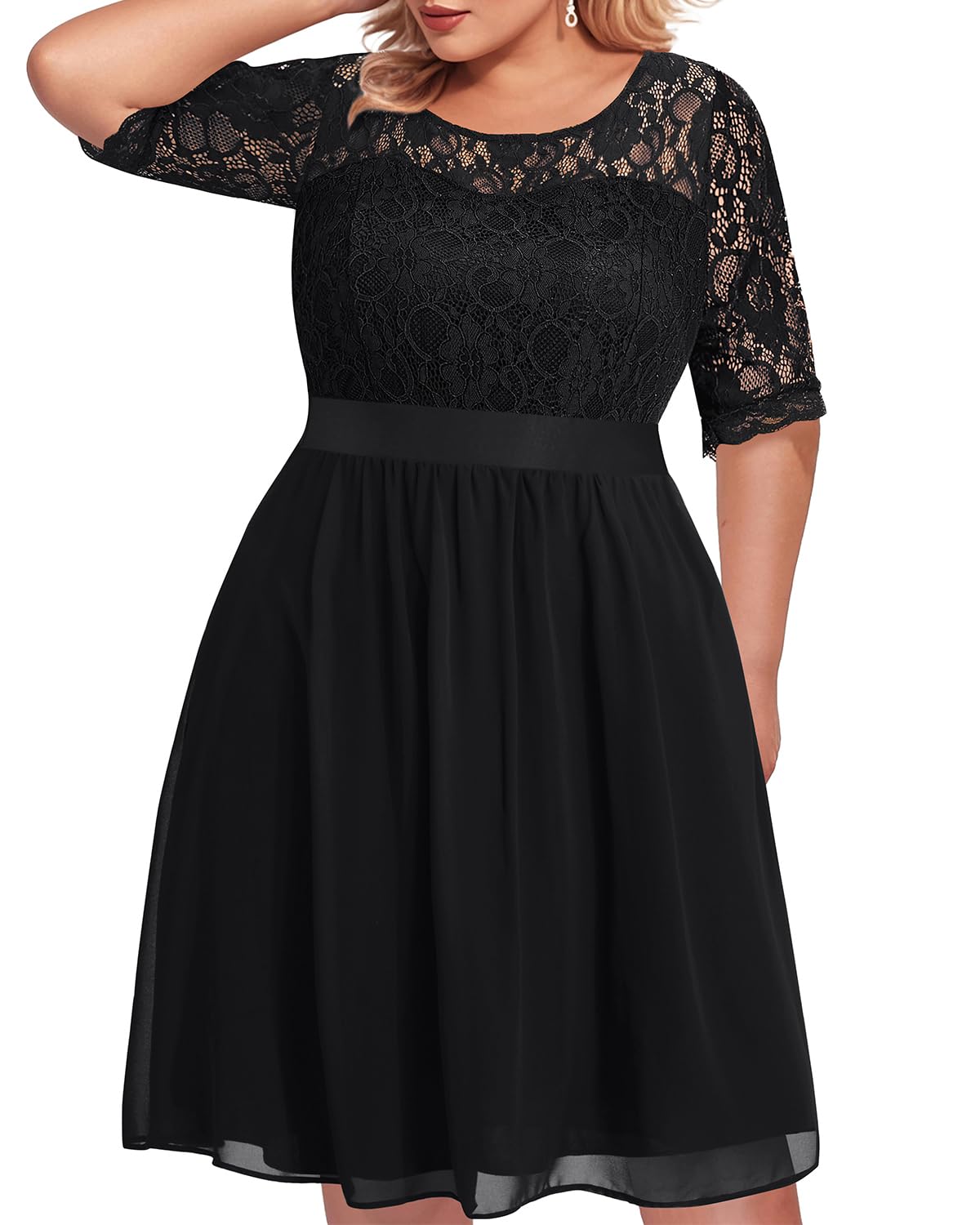 Plus Size Lace Chiffon Wedding Guest Dress for Women - Elegant Cocktail Party Midi Dress | Perfect for Bridal Showers, Evening Events & Special Occasions