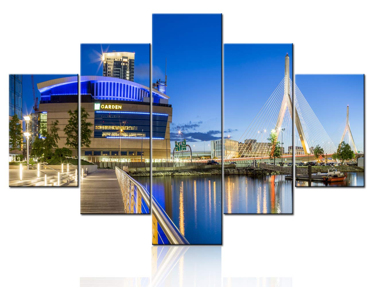 5-Piece Canvas Wall Art Set - Zakim Bridge & TD Garden Stadium Painting, USA Landmark Sunset Landscape, Contemporary Framed Home Decor for Bedroom, Living Room, Office (60x40 Inches, Ready to Hang)