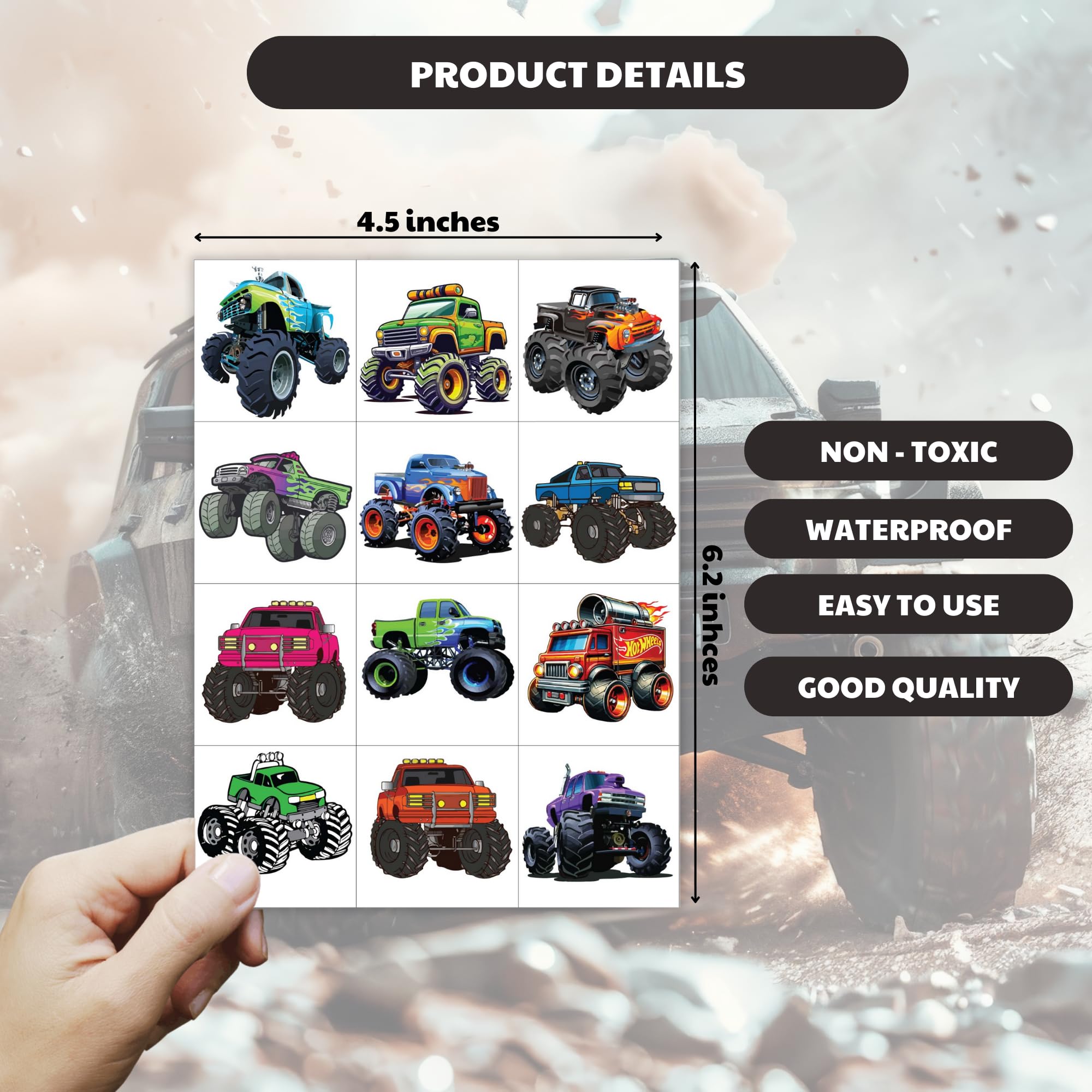 Waterproof Car & Truck Temporary Tattoos - Fun Vehicle-Themed Stickers for Kids Birthday Parties, School Rewards, Party Favors & Decorations - Perfect for Themed Events, Classroom Incentives & Children's Activities
