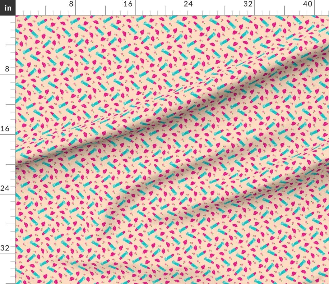 Pink Lips & Flowers Printed Cotton Fabric by The Yard - Lipstick Kisses Teal Girly Makeup Design for Sewing, Quilting, Apparel & Home Decor | Perfect for DIY Crafts, Dresses, Curtains and Pillow Covers
