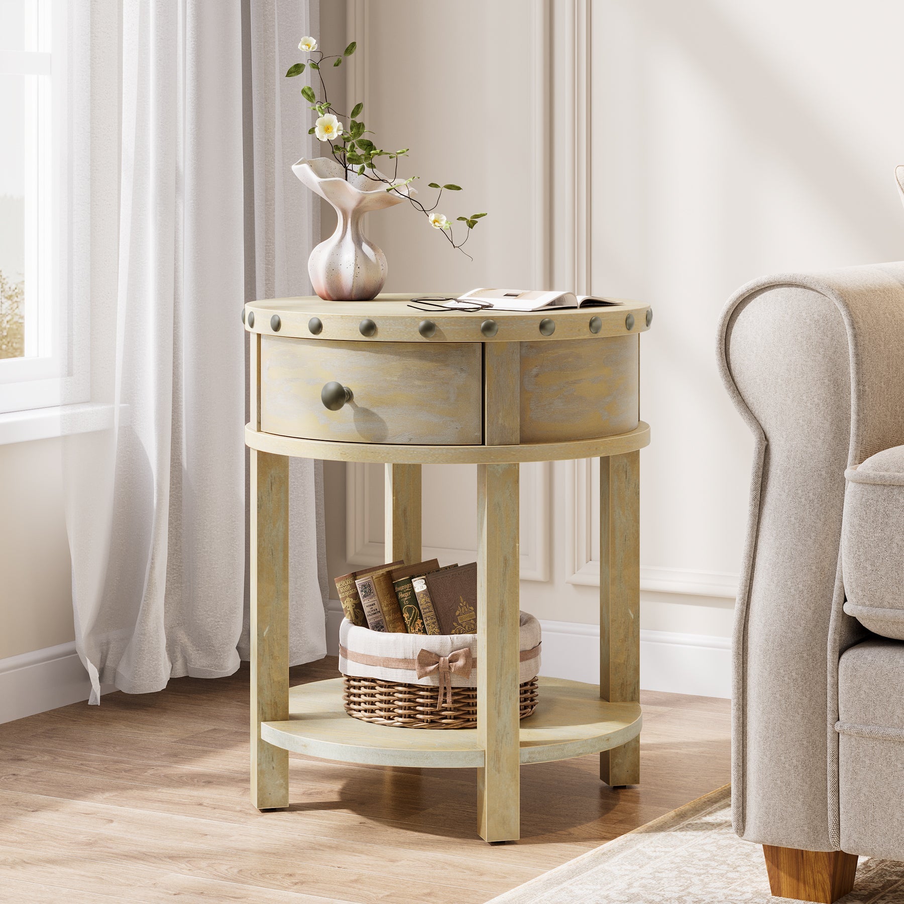 19.6 Inch Small End Table with Drawer & Bottom Shelf - Nightstand, Living Room Accent Table, Bedside Table for Bedroom Decor