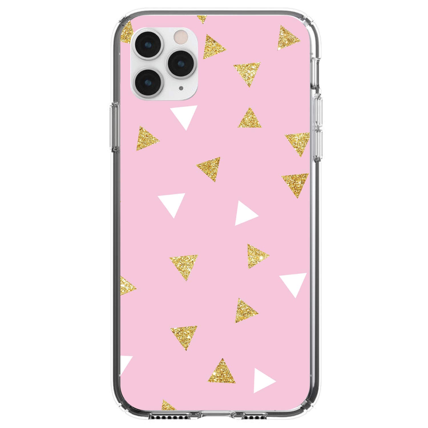 **Shockproof Clear Hybrid Case for iPhone 13 Pro Max (6.7 Inch) – TPU Bumper & Acrylic Back with Tempered Glass Screen Protector – Pink & Gold Triangle Pattern – Durable Protection for Everyday Use**