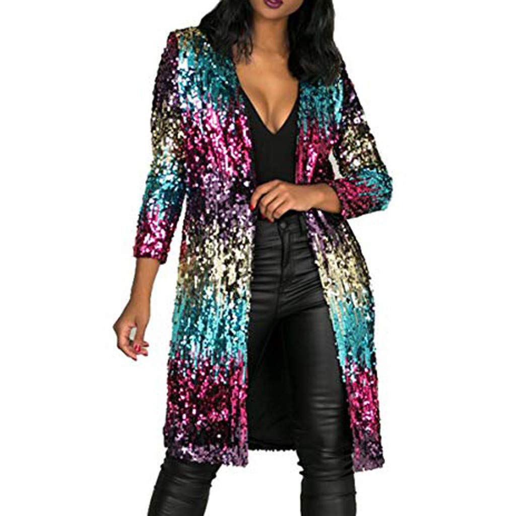 TWGONE Women's Colorful Sequins Jacket - Metallic Open Front Long Sleeve Cardigan Cover Up | Perfect for Parties, Evening Events & Night Out Outfits