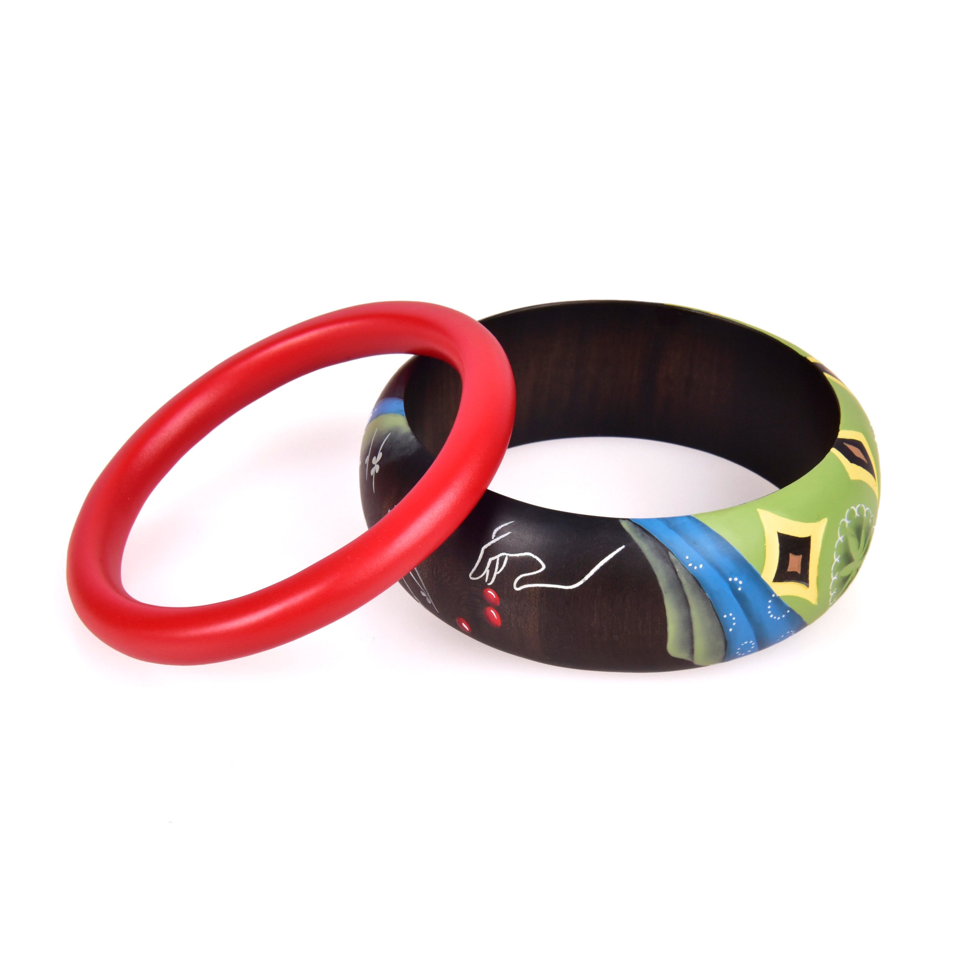 Hand Painted Wooden Bangle Bracelet Set - 2 Piece Boho Chic Wood Jewelry for Women - Perfect for Festivals, Beach Parties & Everyday Boho Style