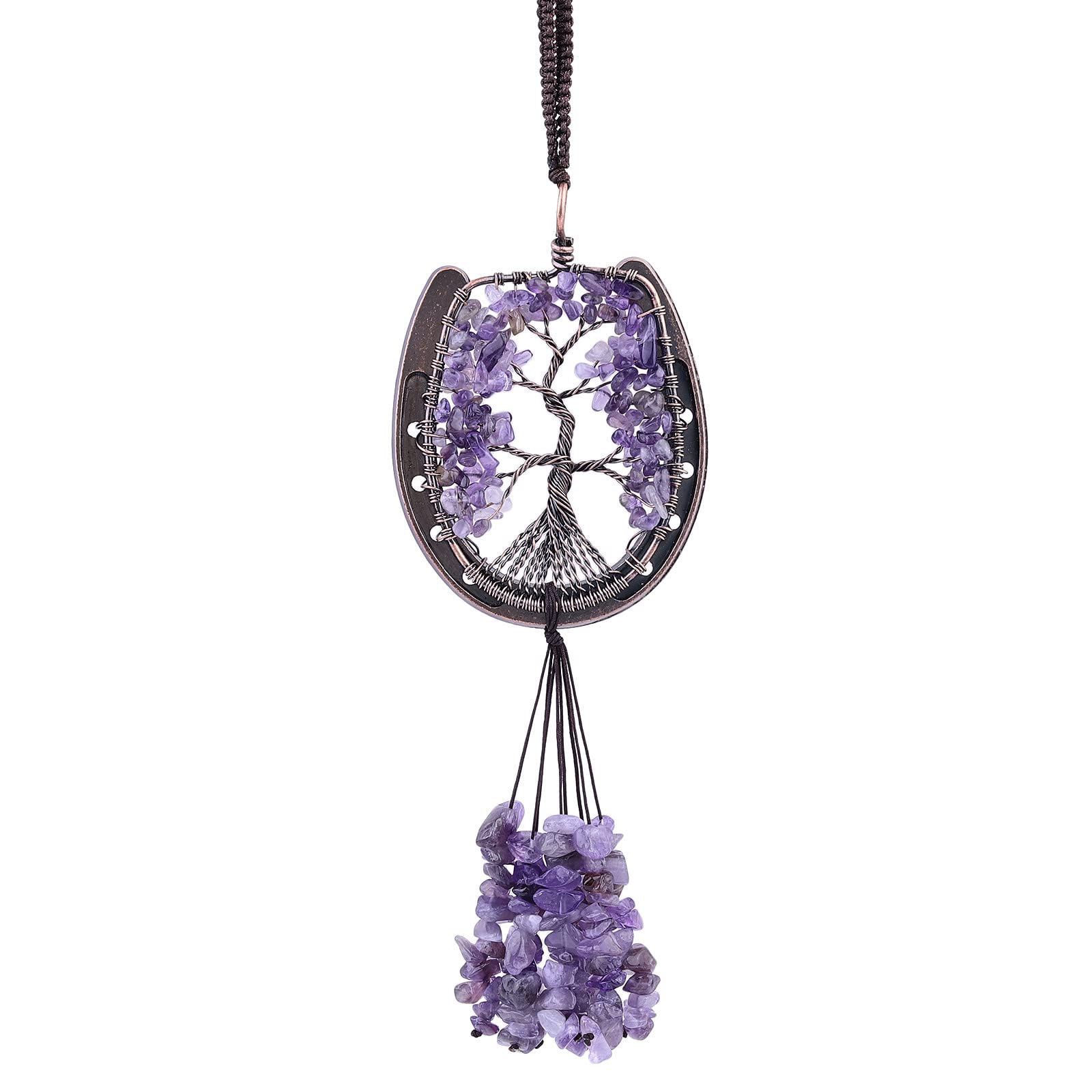 MookaiteDecor Horseshoe Tree of Life Car Rearview Mirror Charm & Crystal Wall Hanging Decor - Amethyst Crystal for Home, Office, and Car Interior Feng Shui Ornament - Perfect for Gifts, Meditation Spaces, and Positive Energy Decor