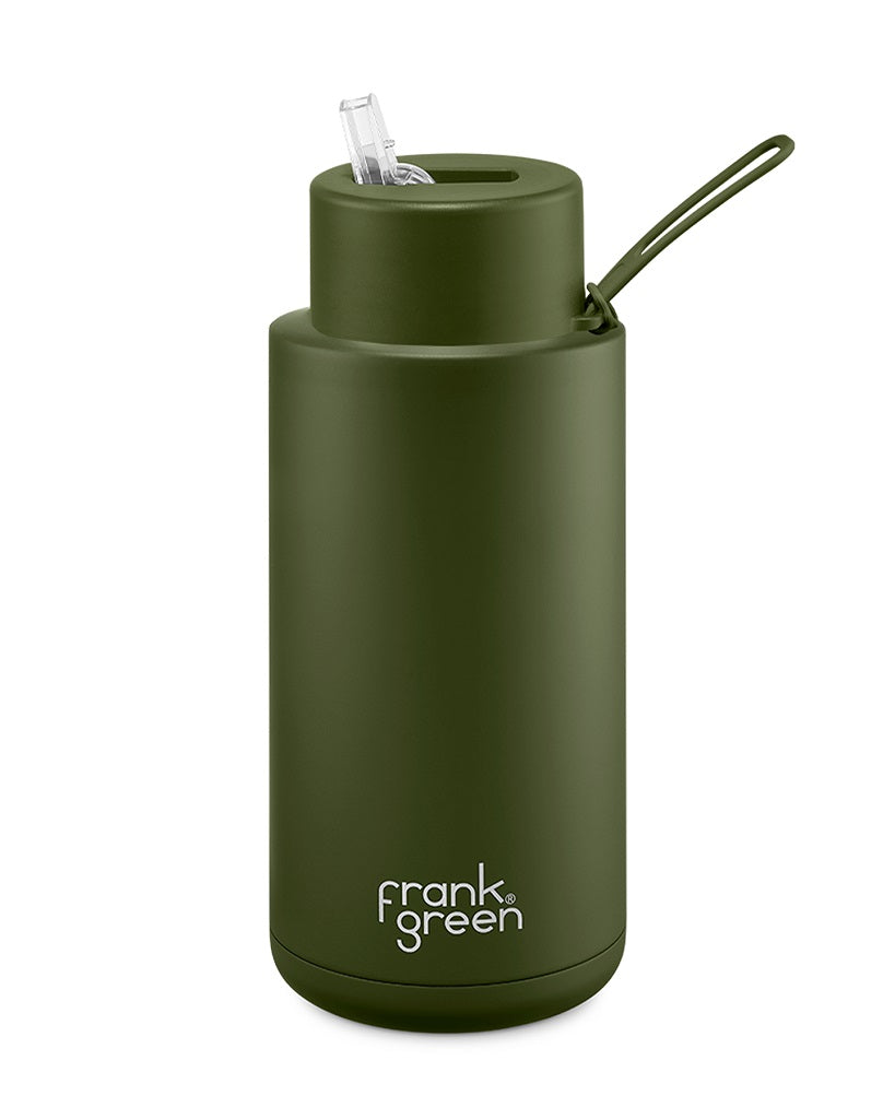 Frank Green 34oz Ceramic Straw Water Bottle - Insulated, Leak-Proof, Eco-Friendly Reusable Travel Mug for Hot & Cold Drinks - Perfect for Gym, Hiking, Office & Outdoor Activities (Khaki)