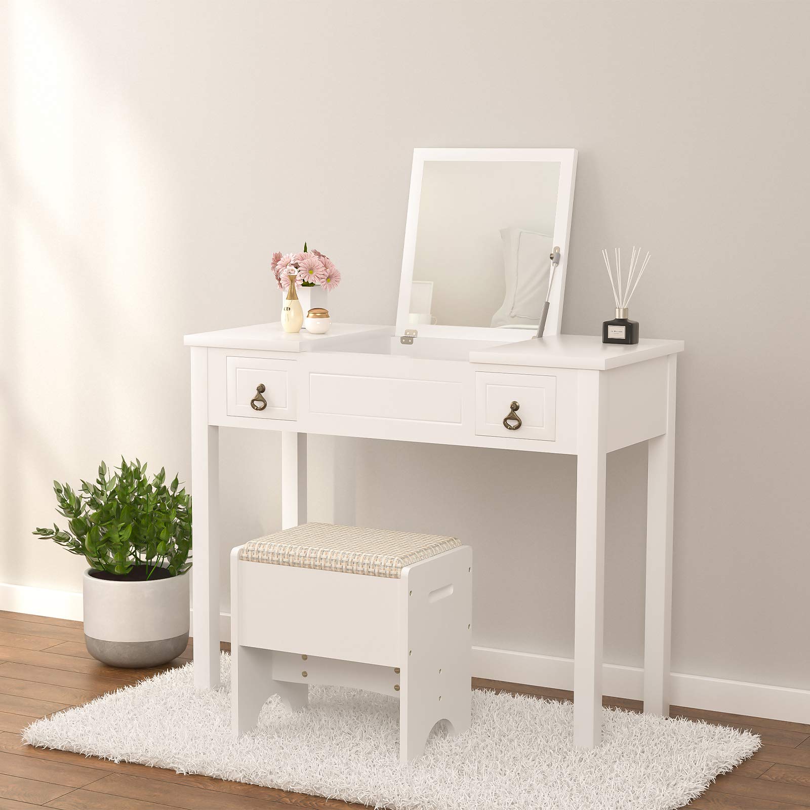White Makeup Vanity Set with Flip Top Mirror, Cushioned Stool & 2 Drawers - 3 Removable Organizers, Writing Desk for Bedroom, Bathroom - Perfect for Girls, Women & Teens Beauty Routine, Dressing Table & Study Space