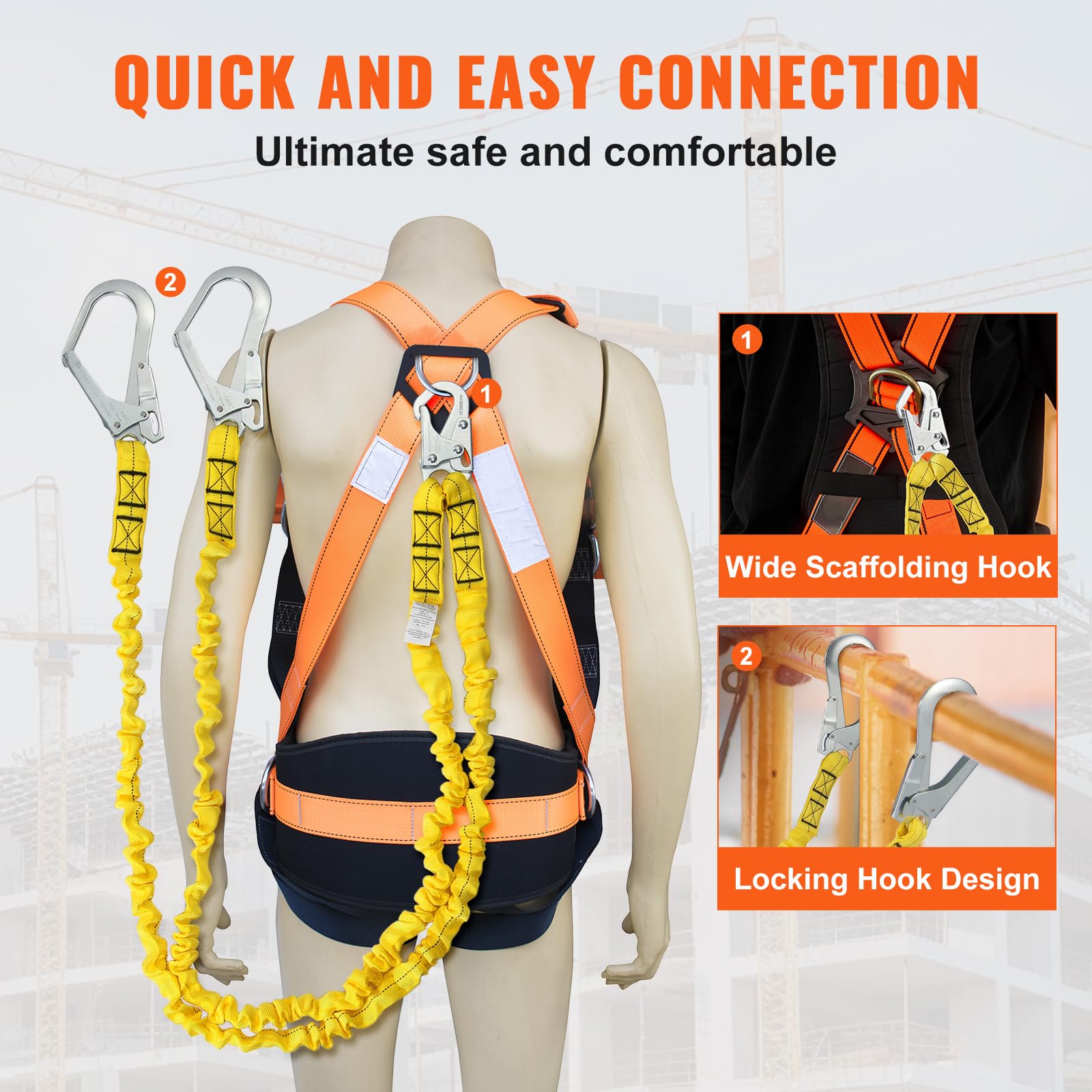 VEVOR 38mm Safety Lanyard - 6ft(1.83m) Fall Protection Lanyard with 2 Heavy-Duty Alloy Steel Snap Hooks | 38KN Breaking Strength | Retractable Safety Harness for Tree Climbing, Roofing, Construction & Industrial Work (Yellow)