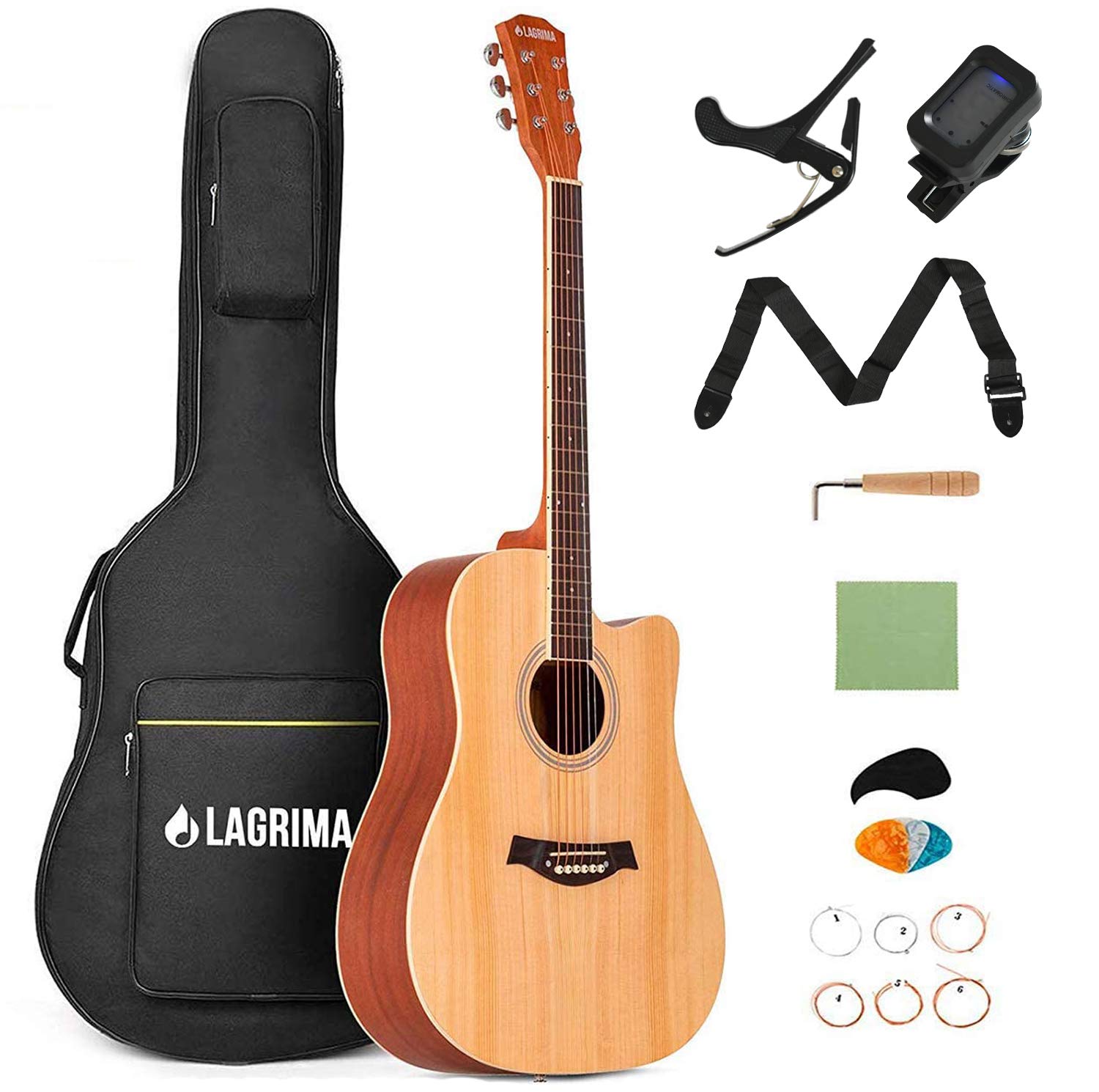 LAGRIMA 41 Inch Full Size Cutaway Acoustic Guitar Starter Set for Beginners - 6 Steel String Guitar with Hard Case, Strap, Picks, Capo, Tuner, Wrench, Cleaning Cloth & Extra Strings (Natural) - Perfect for Home Practice, Music Lessons, Campfire Singalongs & Travel Performances