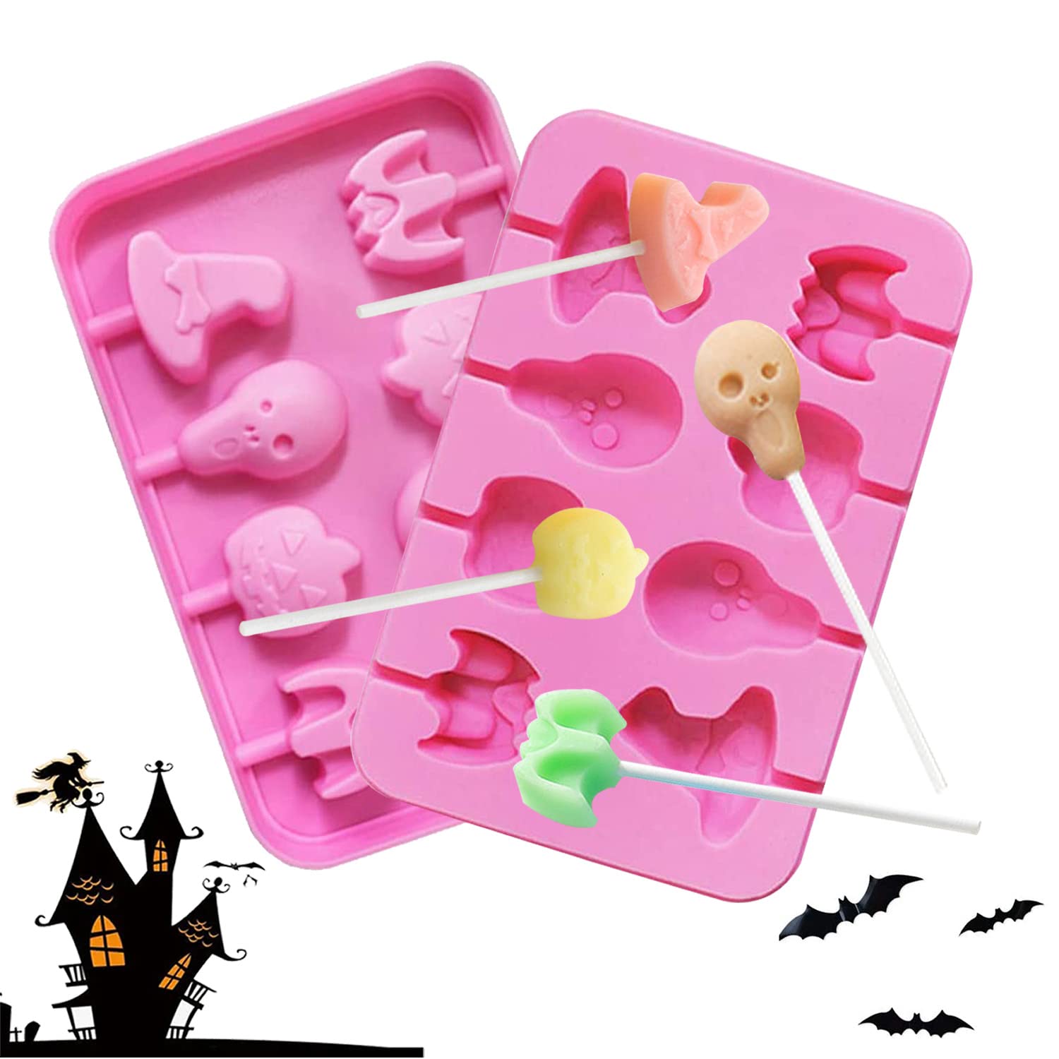 Premium Silicone Halloween Candy Molds - 2x8 Cavity Chocolate Lollipop Molds Set with Bat, Pumpkin, Ghost & Witch Hat Designs | DIY Holiday Treats for Halloween & Christmas Parties | Includes Lollipop Sticks for Easy Candy Making at Home