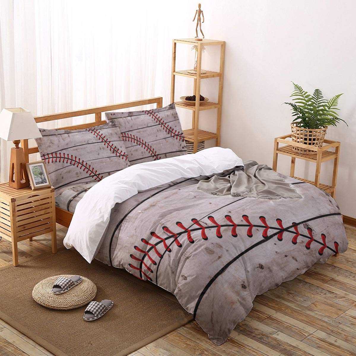 Baseball Pattern Wood Grain Zipper Duvet Cover Set - Soft Comforter Cover for Kids & Teens, Full Size Twill Plush Bedding Set - Perfect for Boys & Girls Bedrooms, Dorm Rooms & Sleepovers